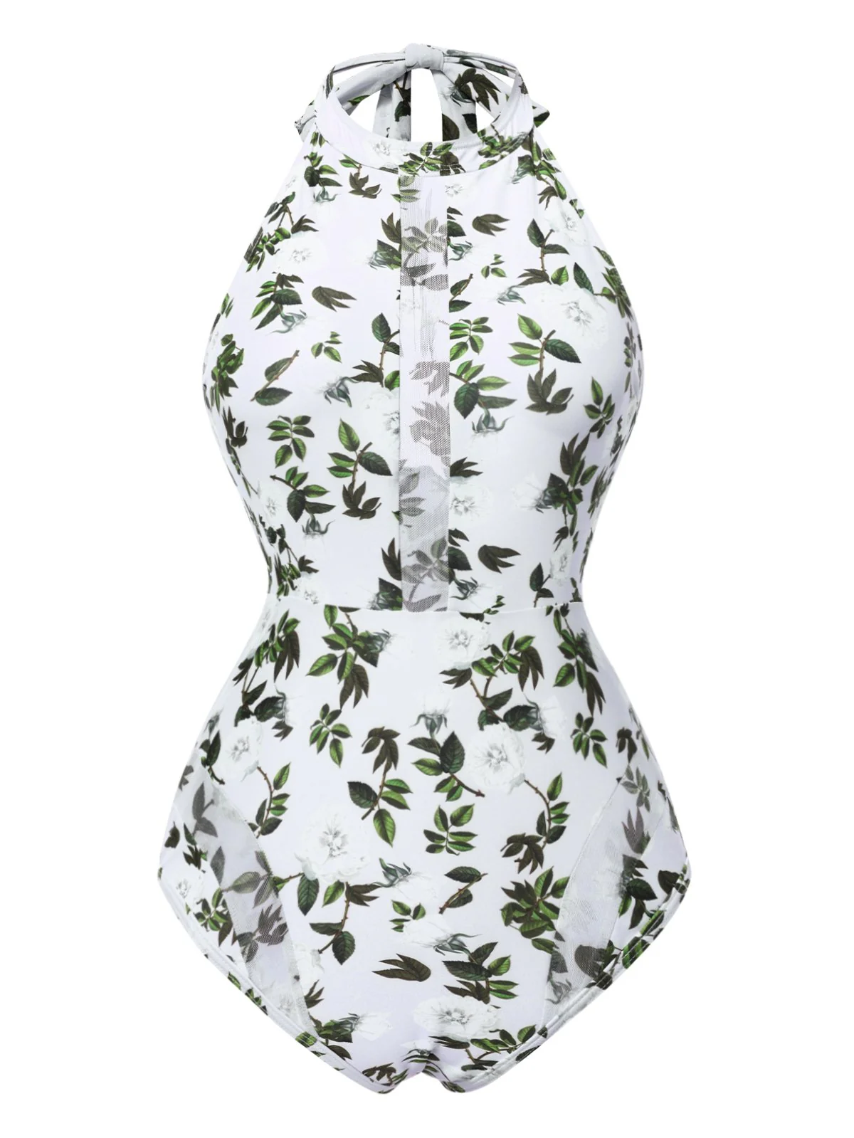 2PCS Green 1930s Leaf Print Halter One-Piece Swimsuit & Cover Up - Image 2