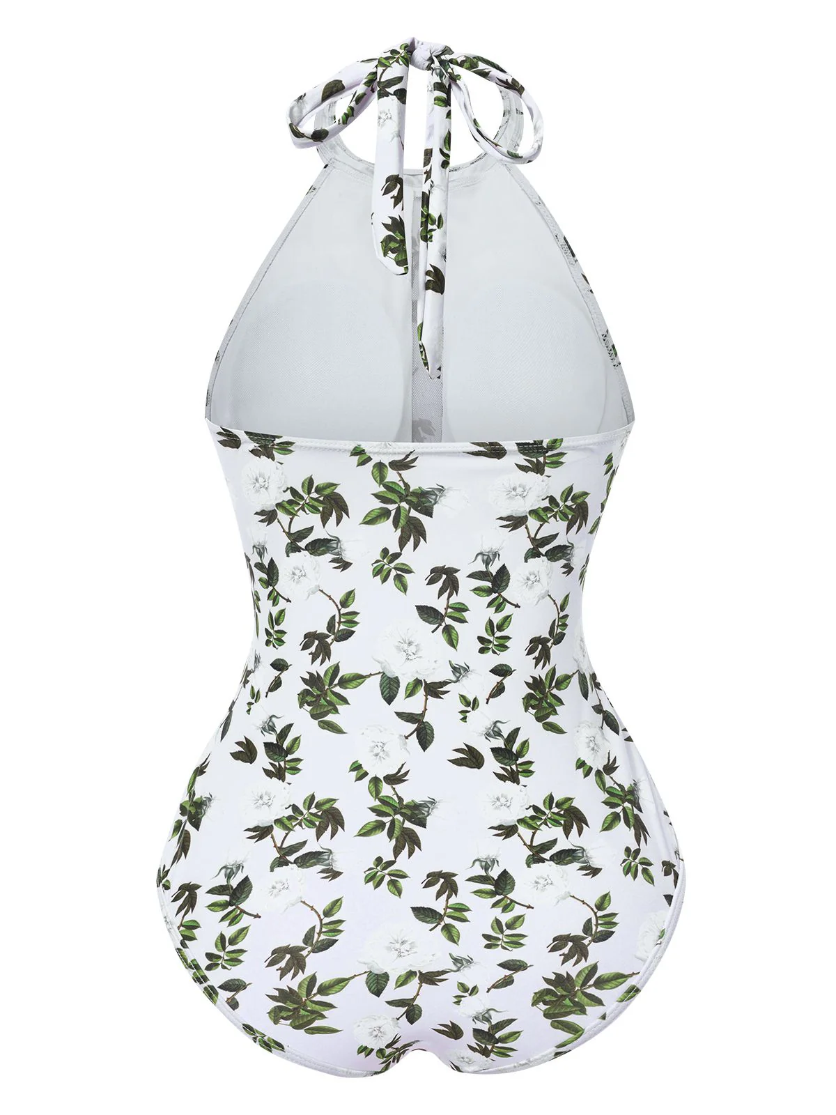 2PCS Green 1930s Leaf Print Halter One-Piece Swimsuit & Cover Up - Image 3