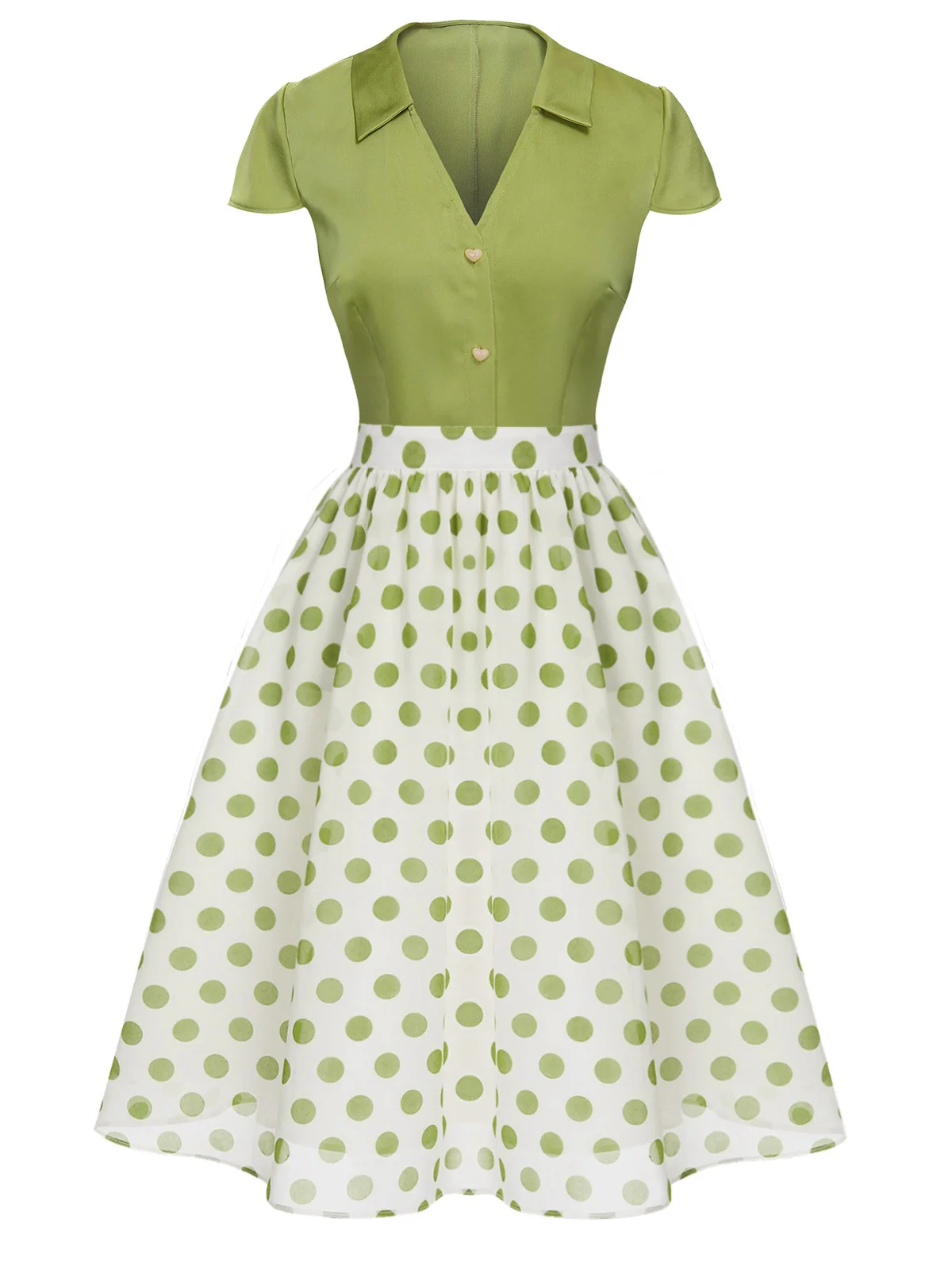 2PCS Green 1940s Buttons Shirt & Polka Dots Skirt - Image 2