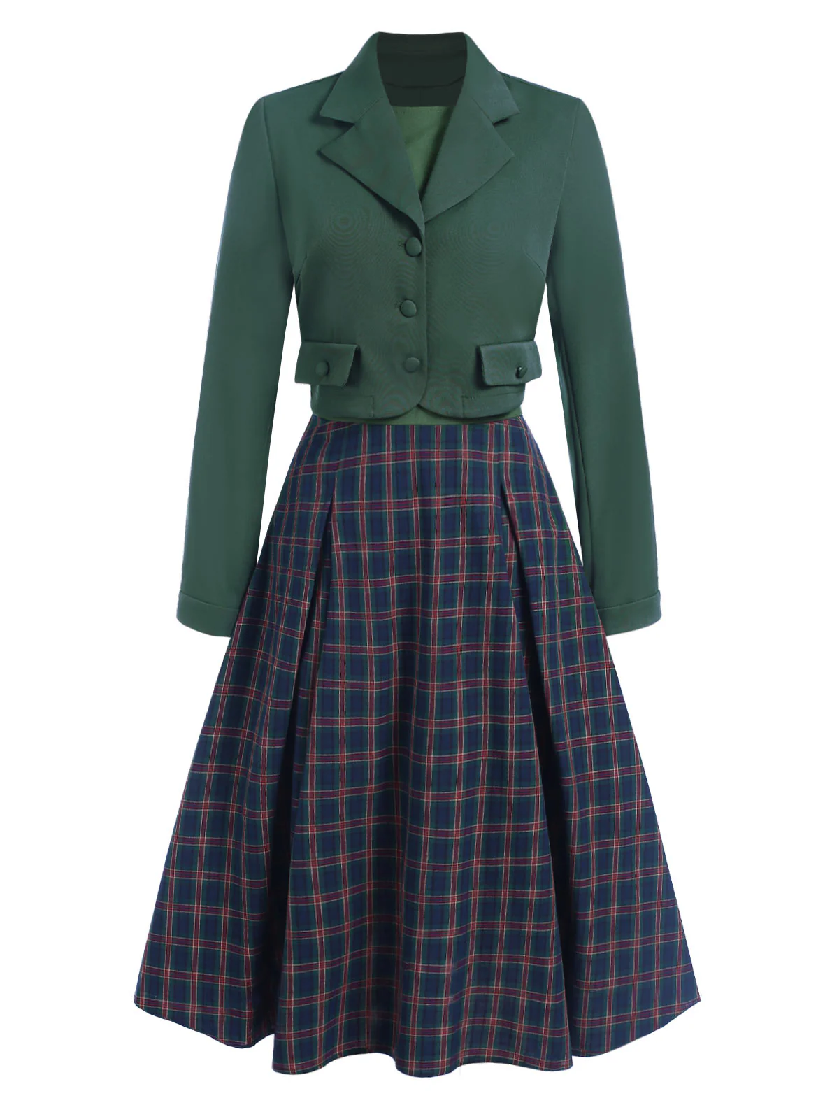 2PCS Green 1940s Lapel Button Blazer & Plaids Dress - Image 2