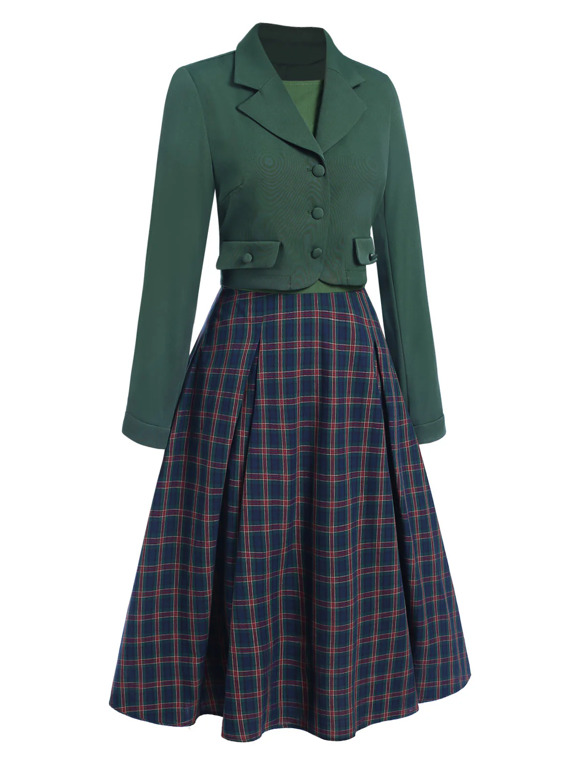 2PCS Green 1940s Lapel Button Blazer & Plaids Dress - Image 3