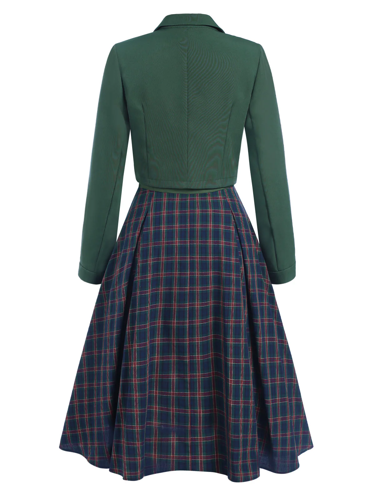 2PCS Green 1940s Lapel Button Blazer & Plaids Dress - Image 4