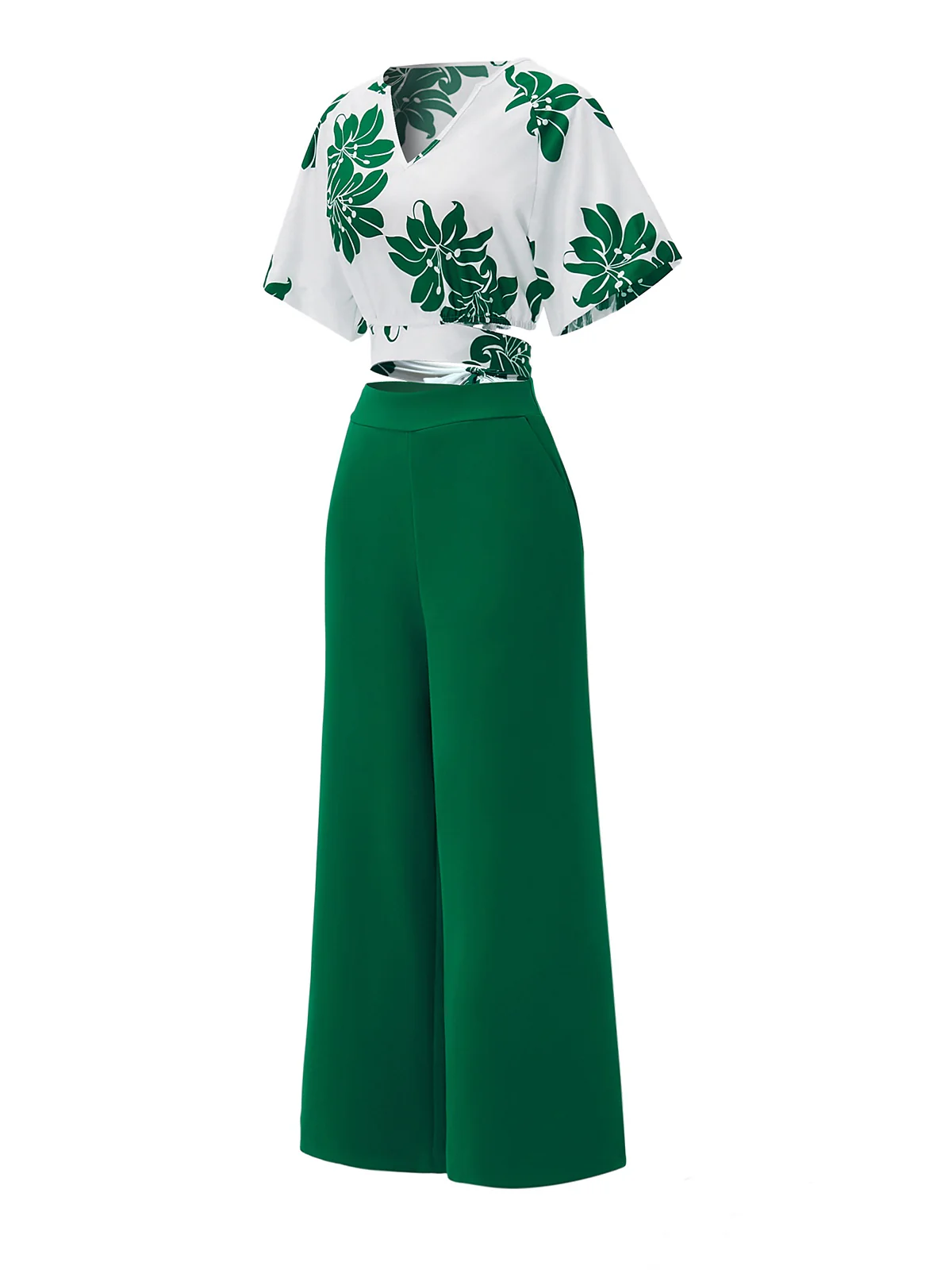 2PCS Green 1950s Floral Crop Top & High Waist Pants - Image 2
