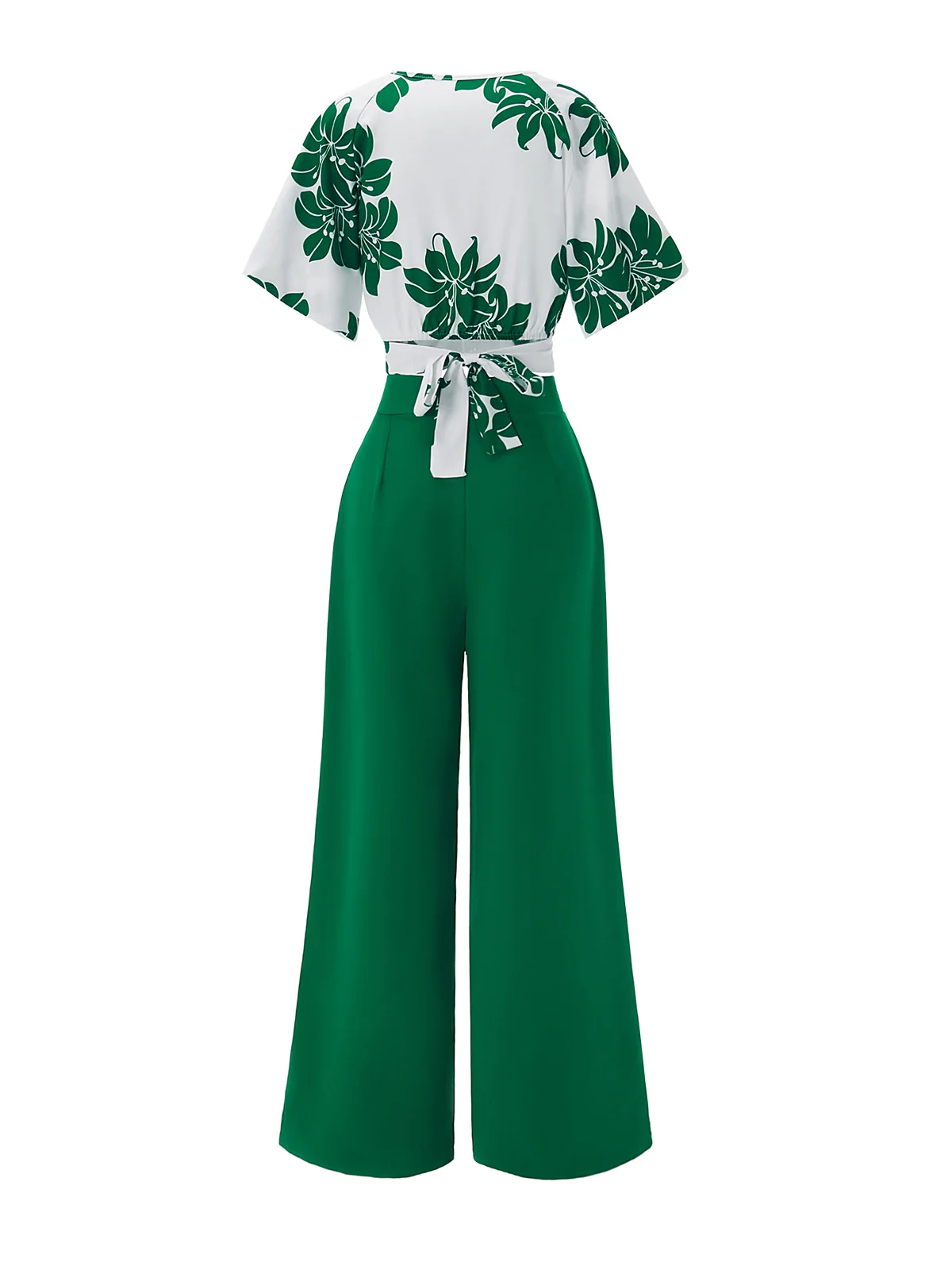 2PCS Green 1950s Floral Crop Top & High Waist Pants - Image 3