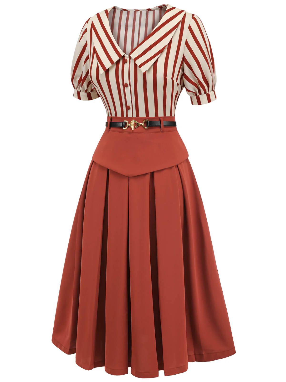 2PCS Green 1950s Striped Blouse & Pleated Skirt - Image 5