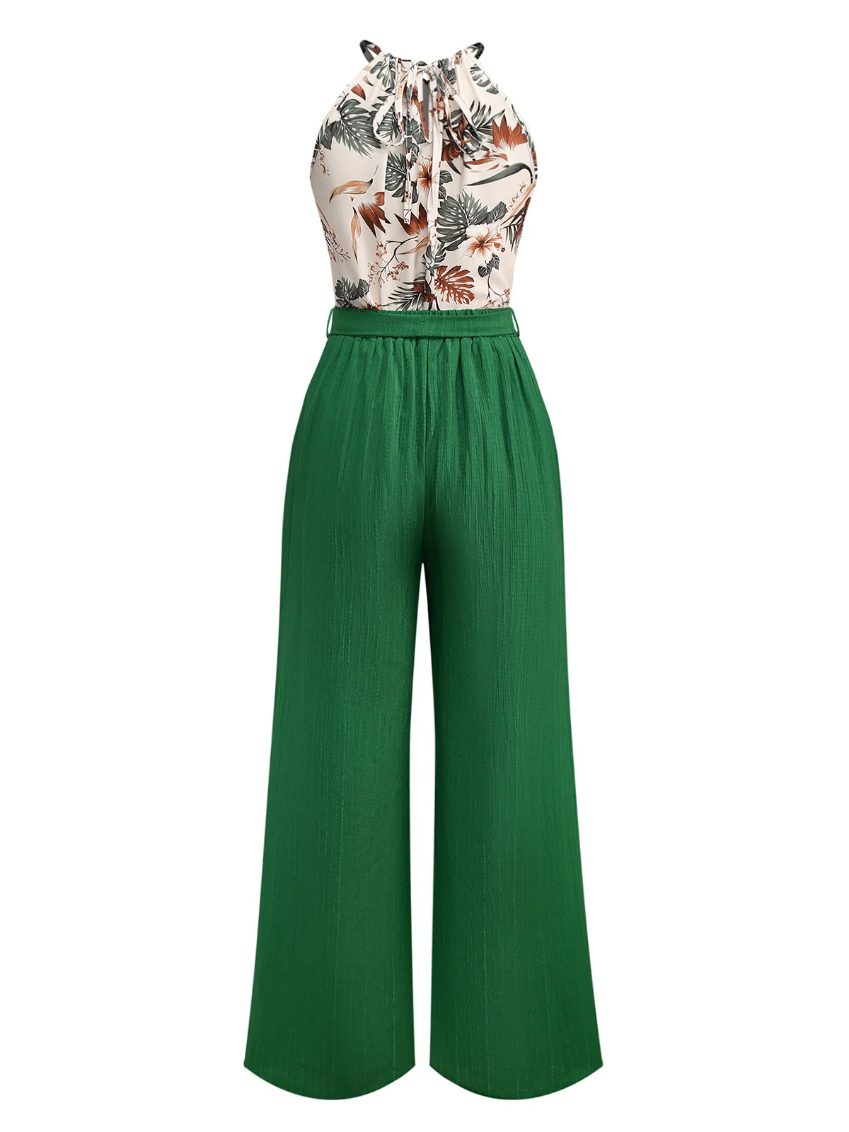 2PCS Green 1950s Tropical Plants Halter Top & Textured Pants - Image 2