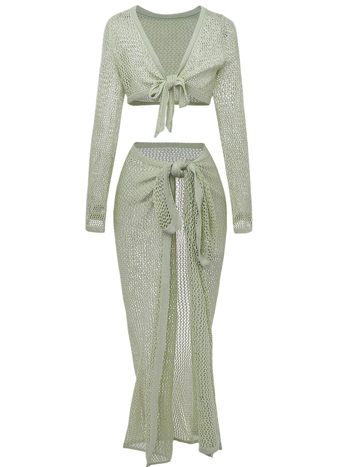 2PCS Green 1960s Crochet Long Sleeve Beach Cover-Up Set - Image 2