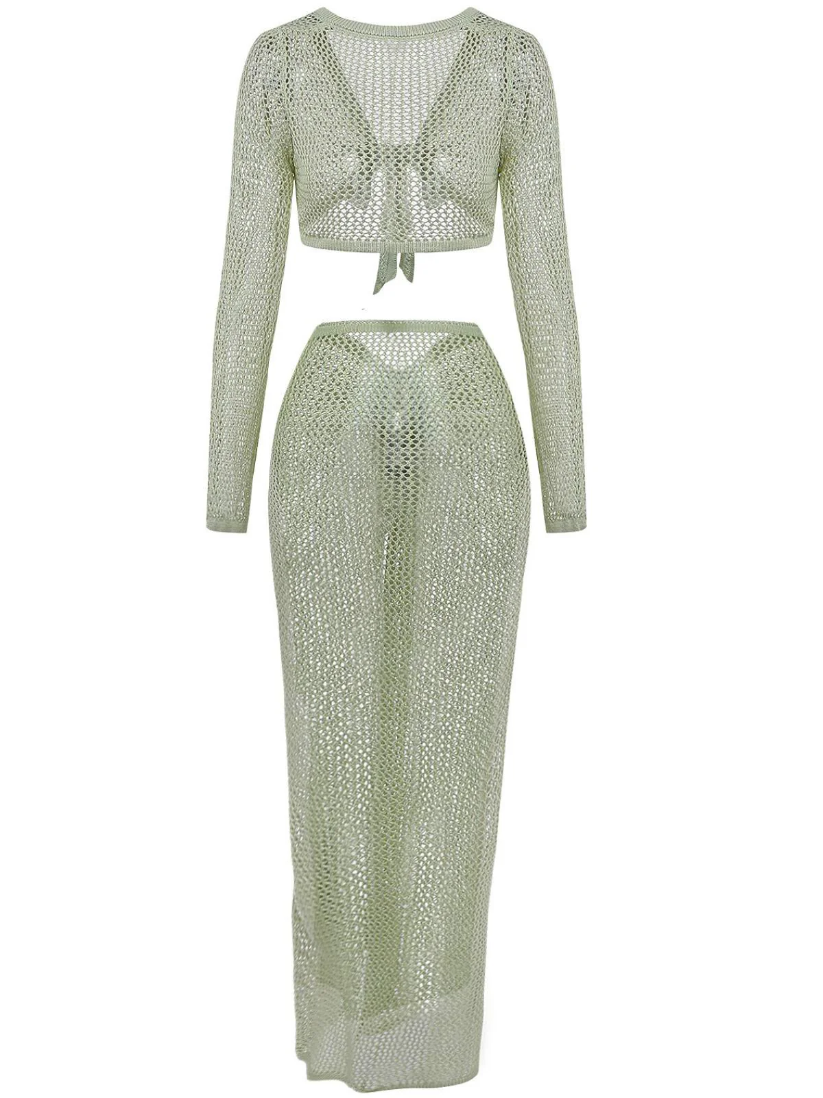 2PCS Green 1960s Crochet Long Sleeve Beach Cover-Up Set - Image 7