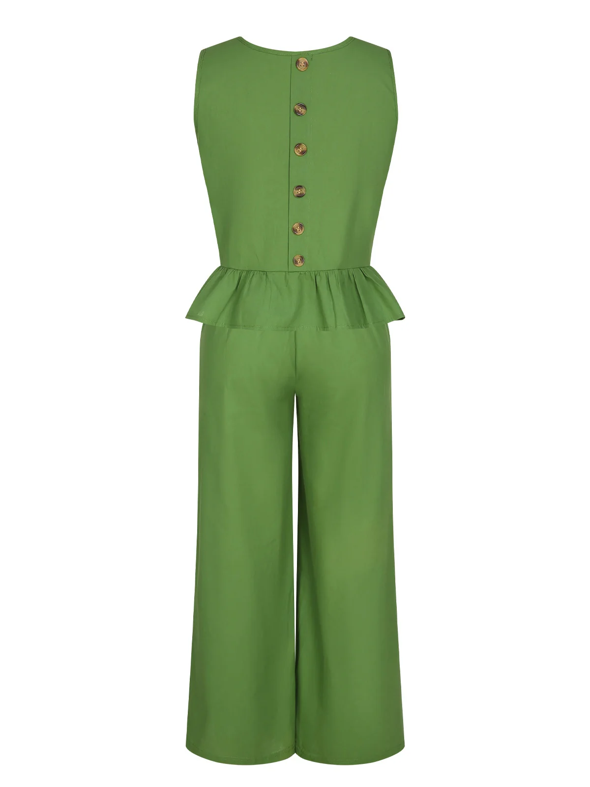 2PCS Green 1960s Ruffled Hem Top & Cropped Pants - Image 2