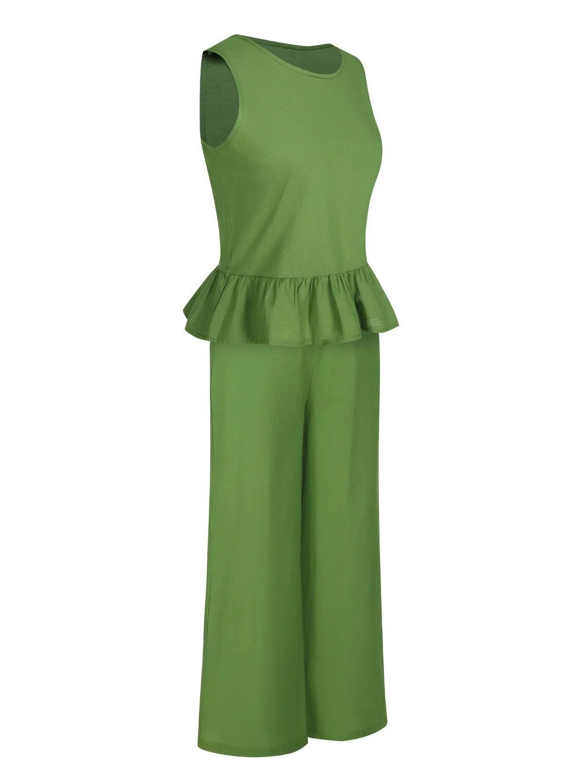2PCS Green 1960s Ruffled Hem Top & Cropped Pants - Image 5