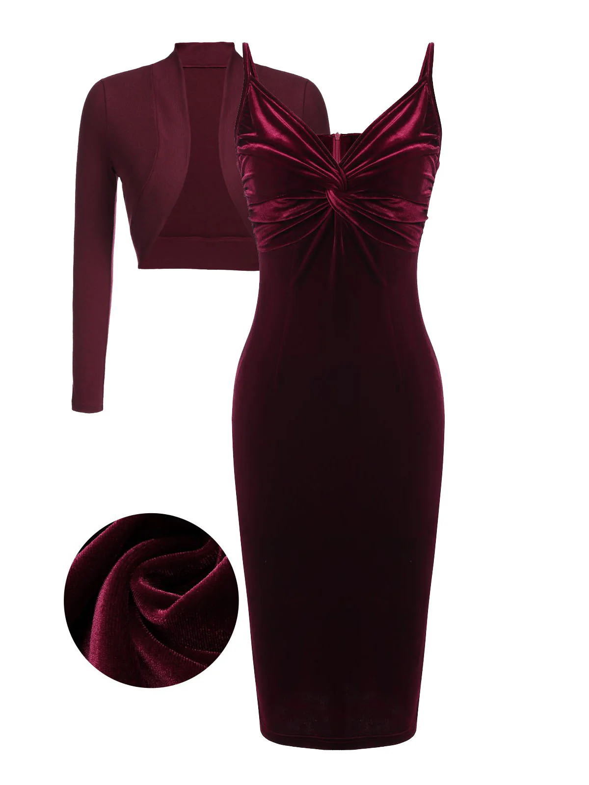 2PCS Green 1960s Velvet Bodycon Dress - Image 3