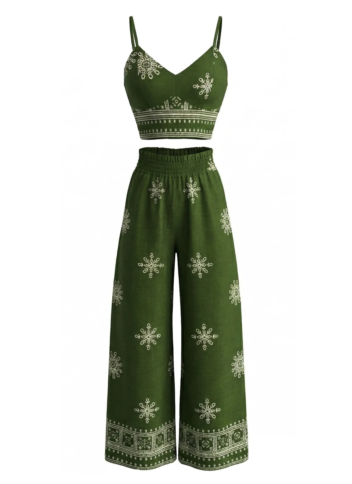 2PCS Green 1970s Floral Print Spaghetti Strap Top & Pants - Image 2