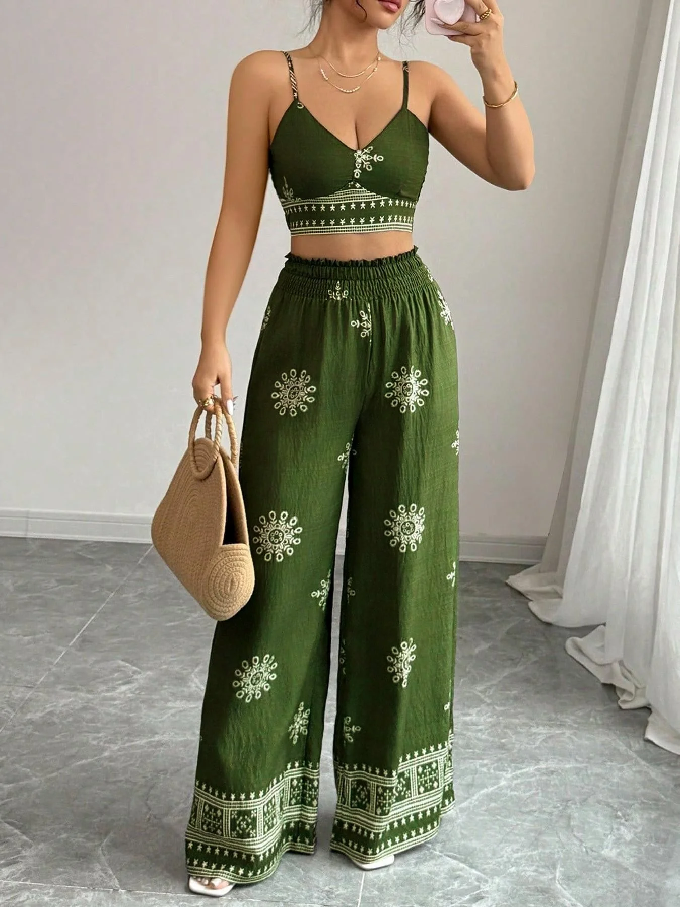 2PCS Green 1970s Floral Print Spaghetti Strap Top & Pants - Image 3
