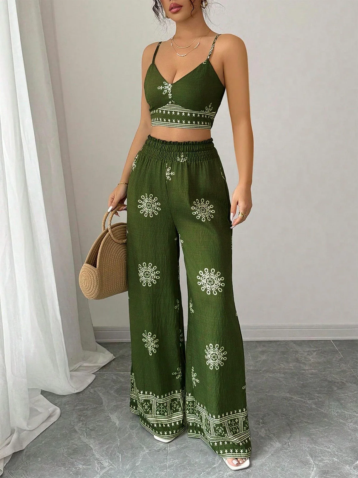 2PCS Green 1970s Floral Print Spaghetti Strap Top & Pants - Image 4