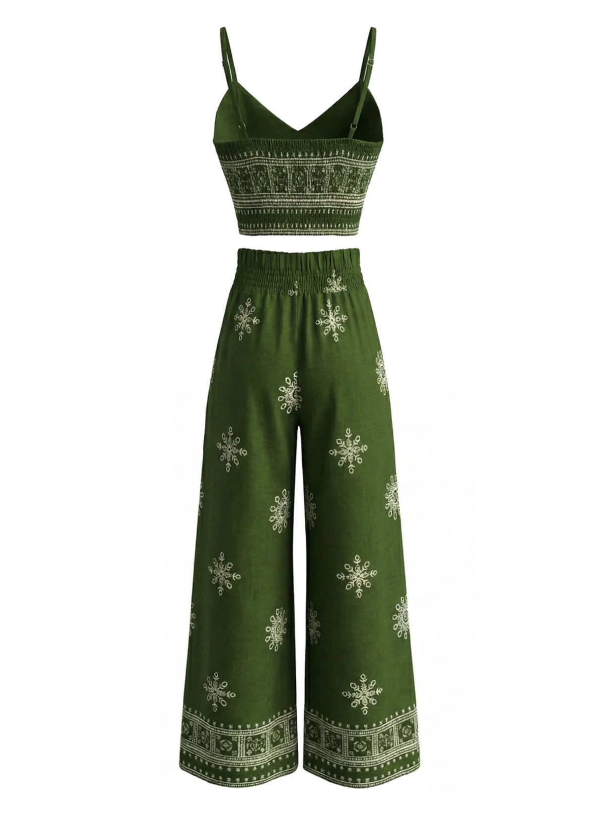 2PCS Green 1970s Floral Print Spaghetti Strap Top & Pants - Image 5