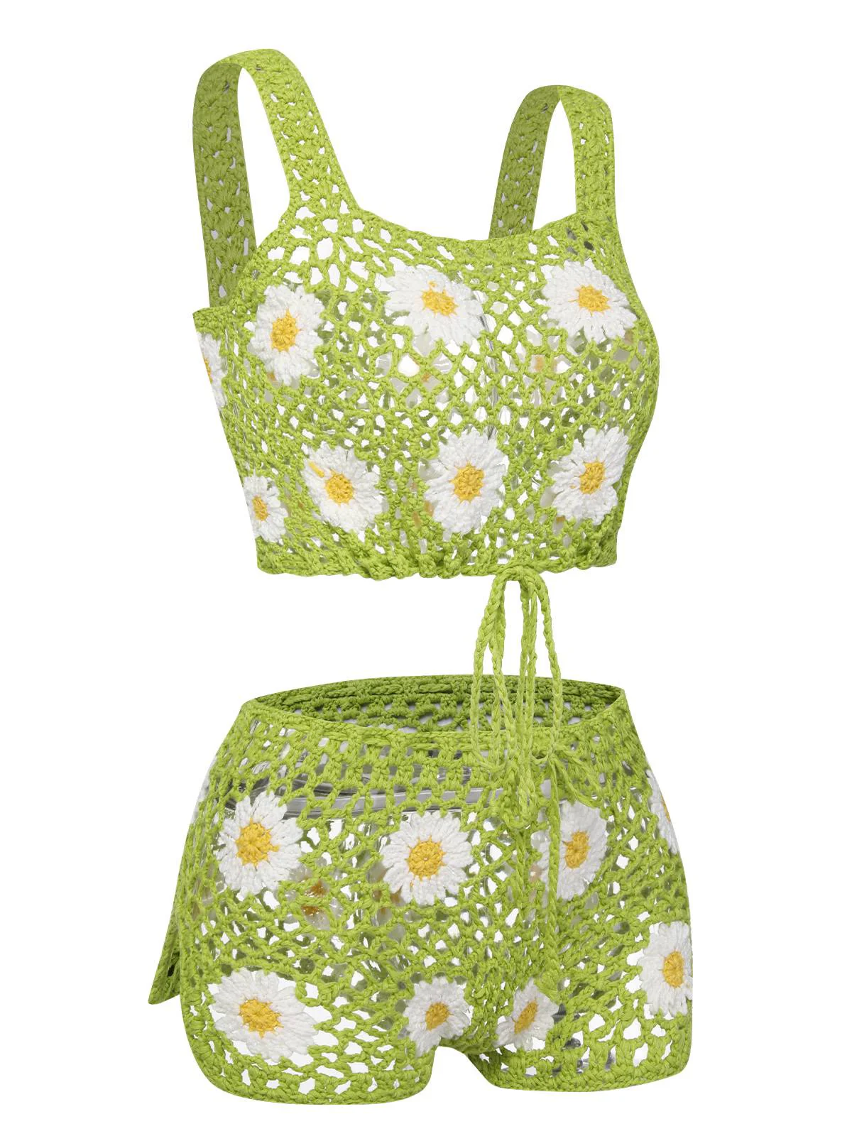 2PCS Green 1980s Daisy Knitted Top & Pants - Image 3