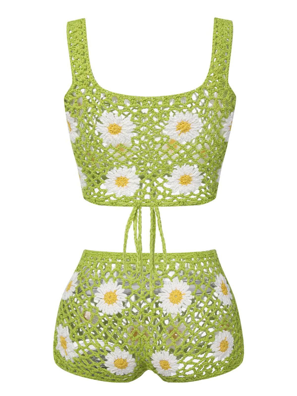 2PCS Green 1980s Daisy Knitted Top & Pants - Image 4