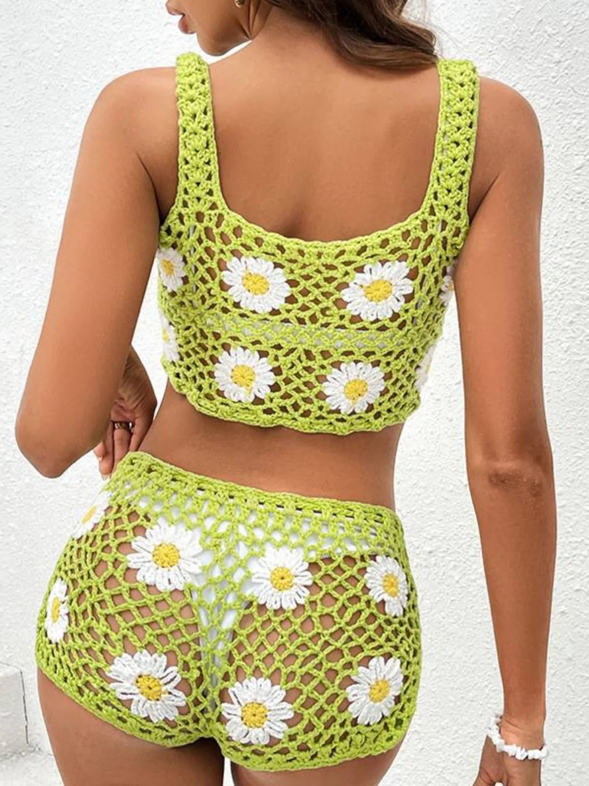 2PCS Green 1980s Daisy Knitted Top & Pants - Image 6
