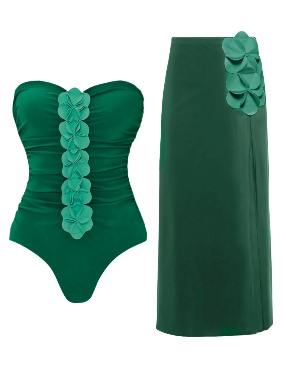 2PCS Green 1980s Strapless 3D Floral One-Piece Swimsuit & Cover-Up - Image 3