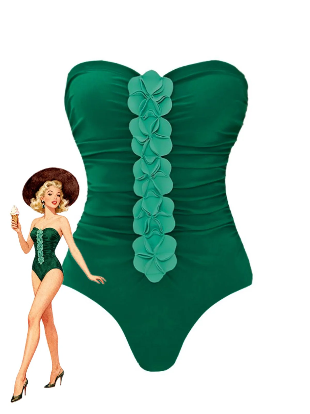2PCS Green 1980s Strapless 3D Floral One-Piece Swimsuit & Cover-Up - Image 5