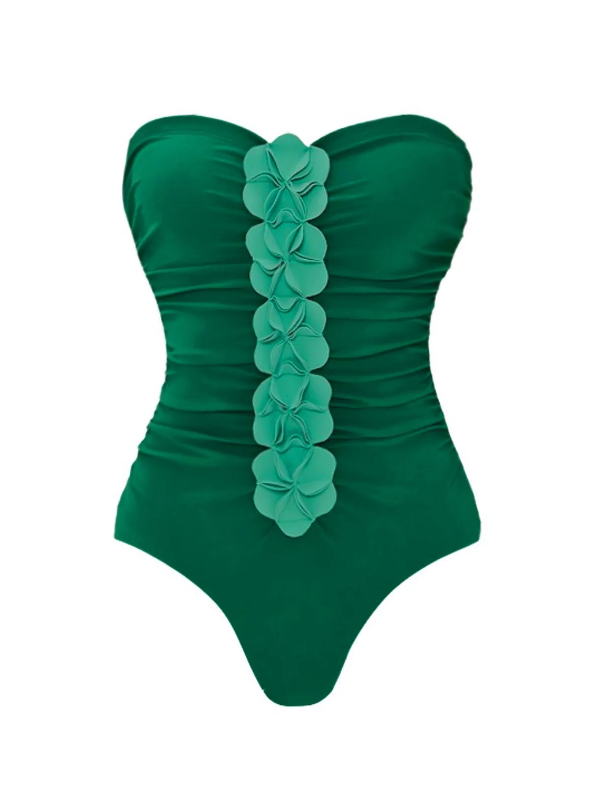 2PCS Green 1980s Strapless 3D Floral One-Piece Swimsuit & Cover-Up - Image 6