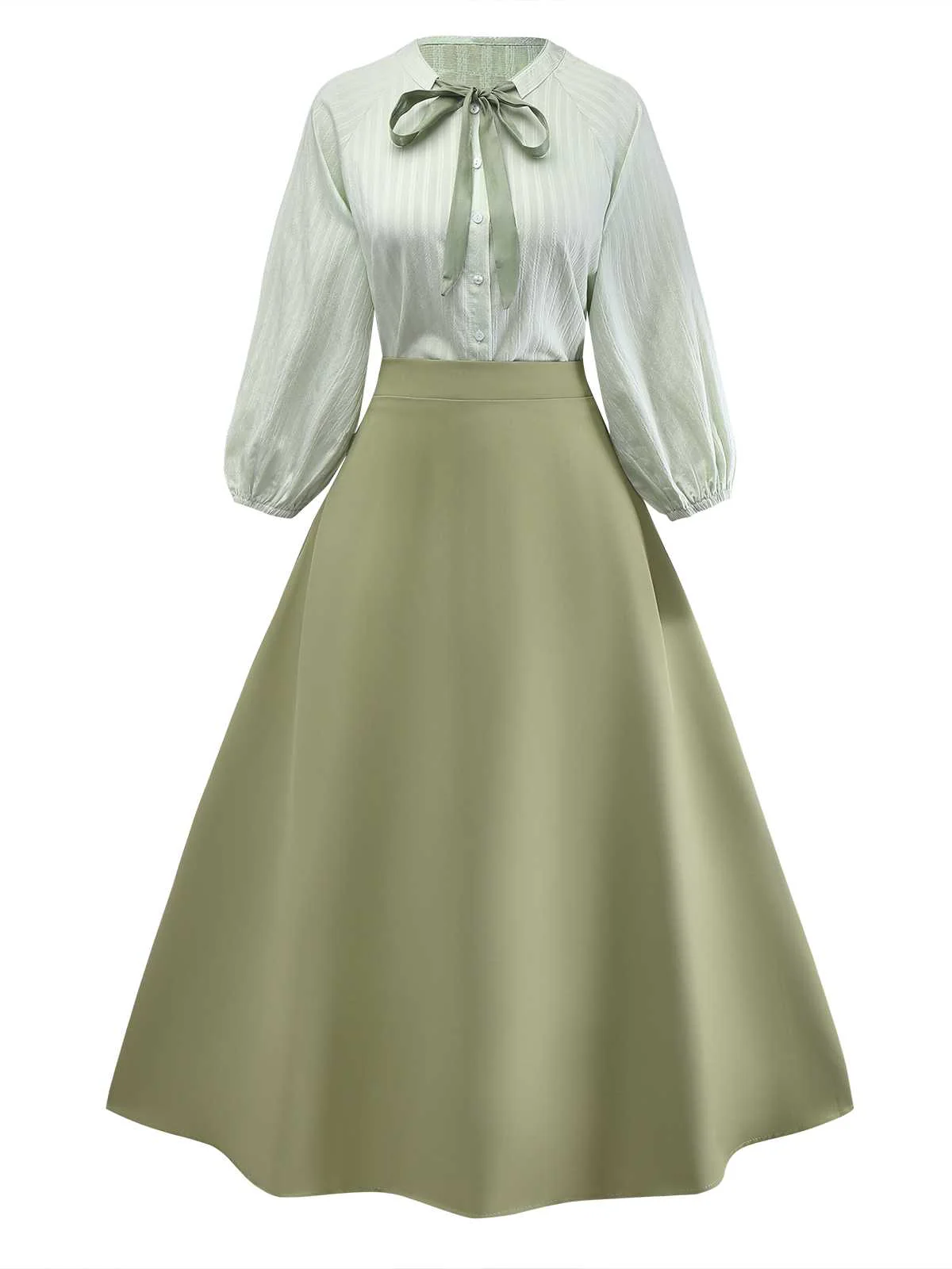 2PCS Green 1980s Tie-Neck Blouse & Solid Skirt - Image 2