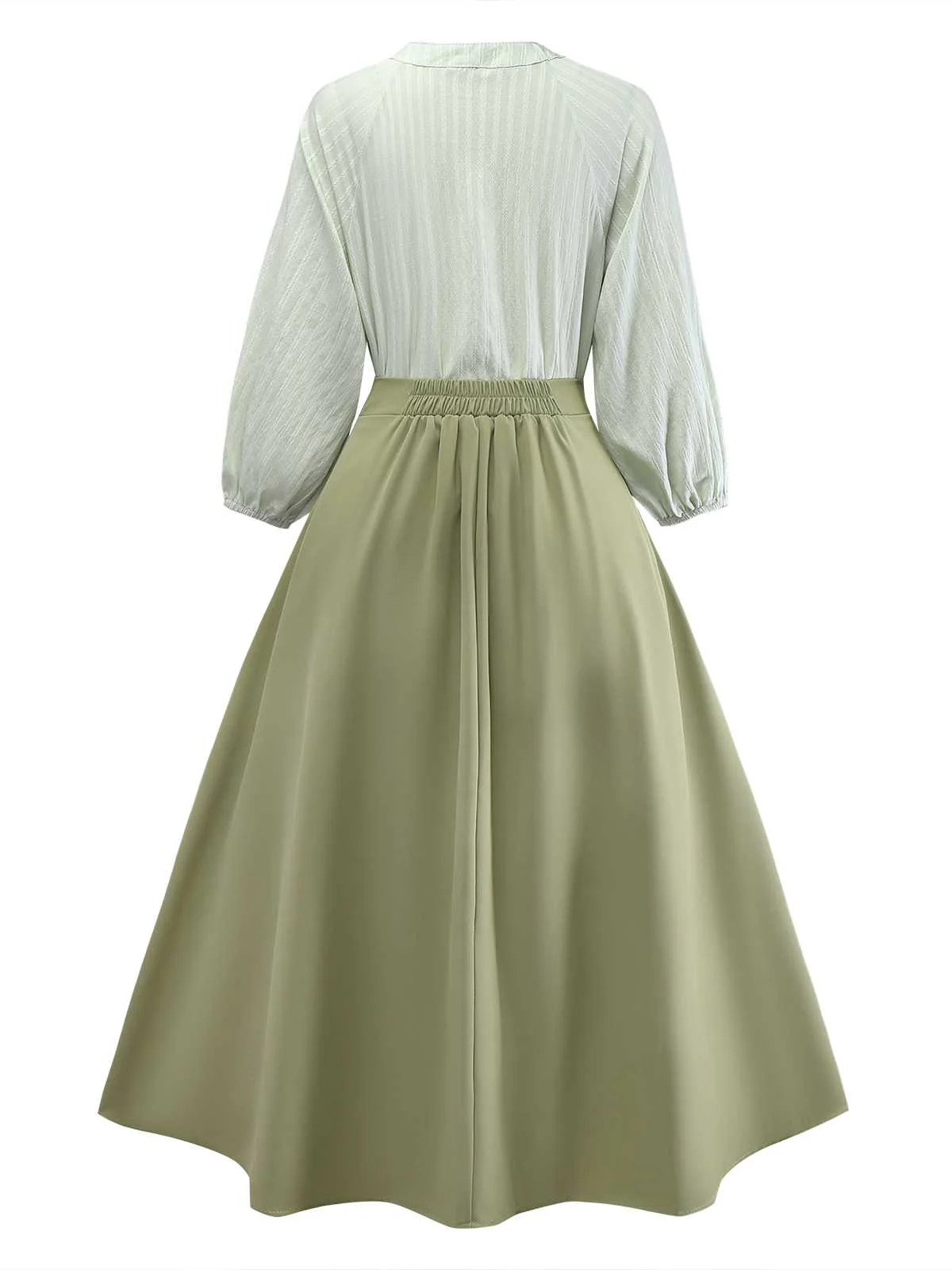 2PCS Green 1980s Tie-Neck Blouse & Solid Skirt - Image 3