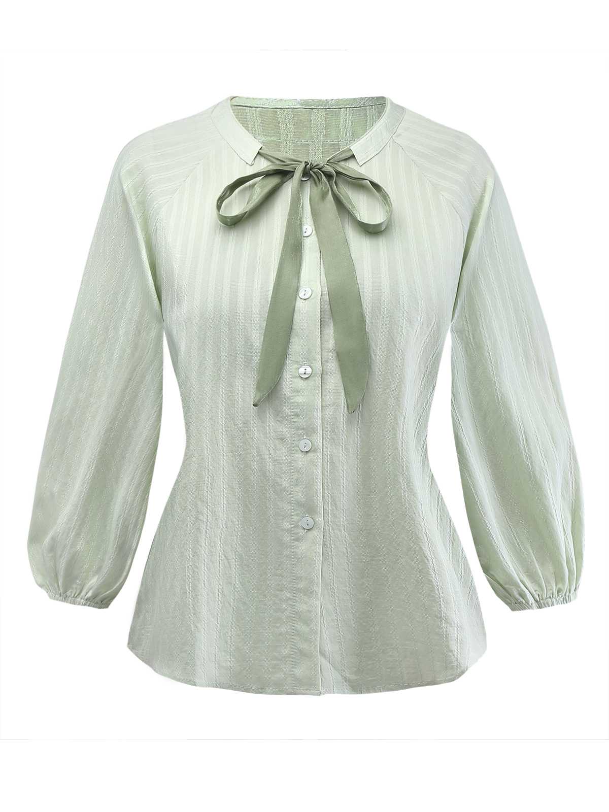 2PCS Green 1980s Tie-Neck Blouse & Solid Skirt - Image 4