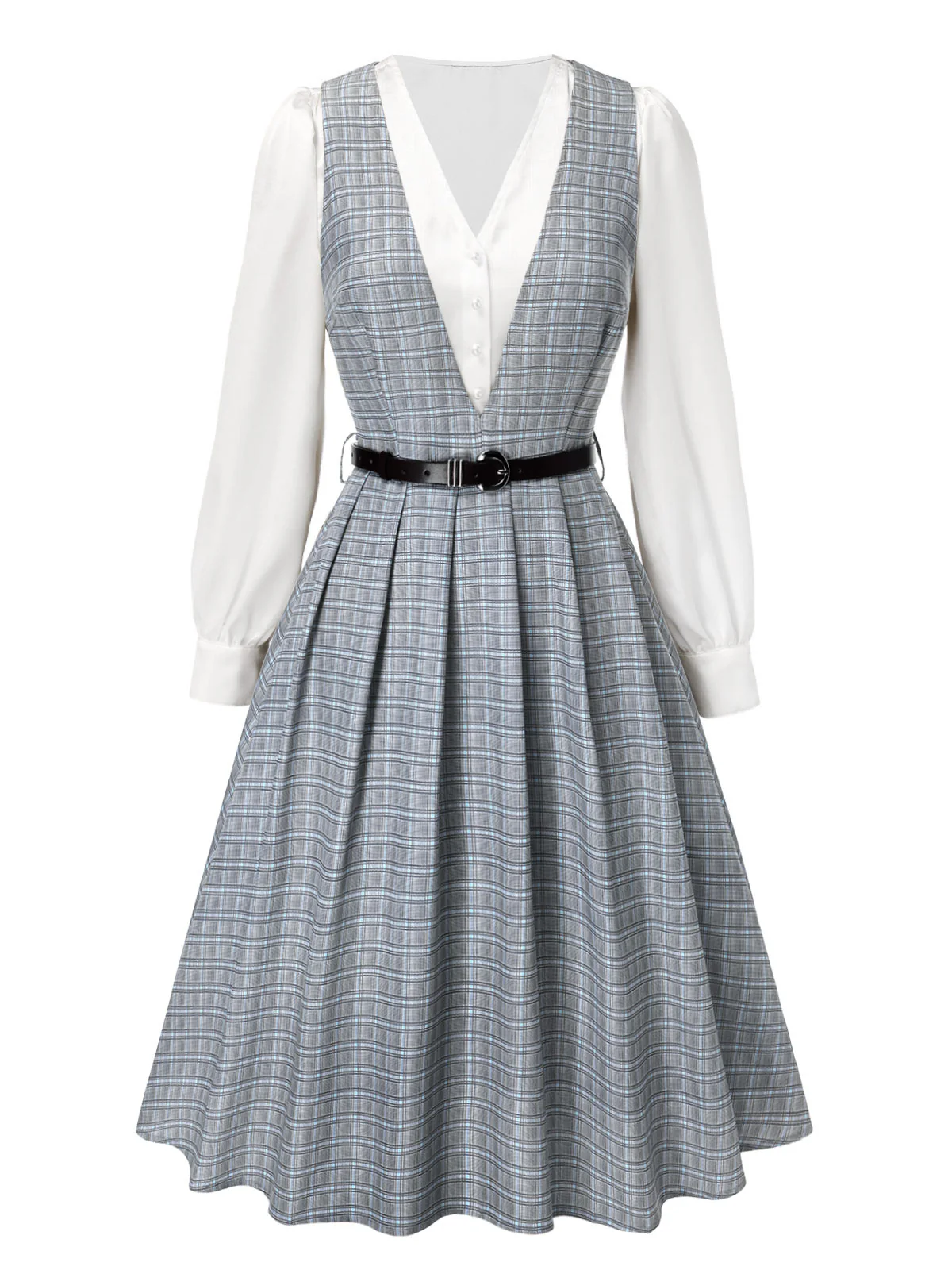 2PCS Grey 1940s V-Neck Plaid Dress & Satin Blouse - Image 17