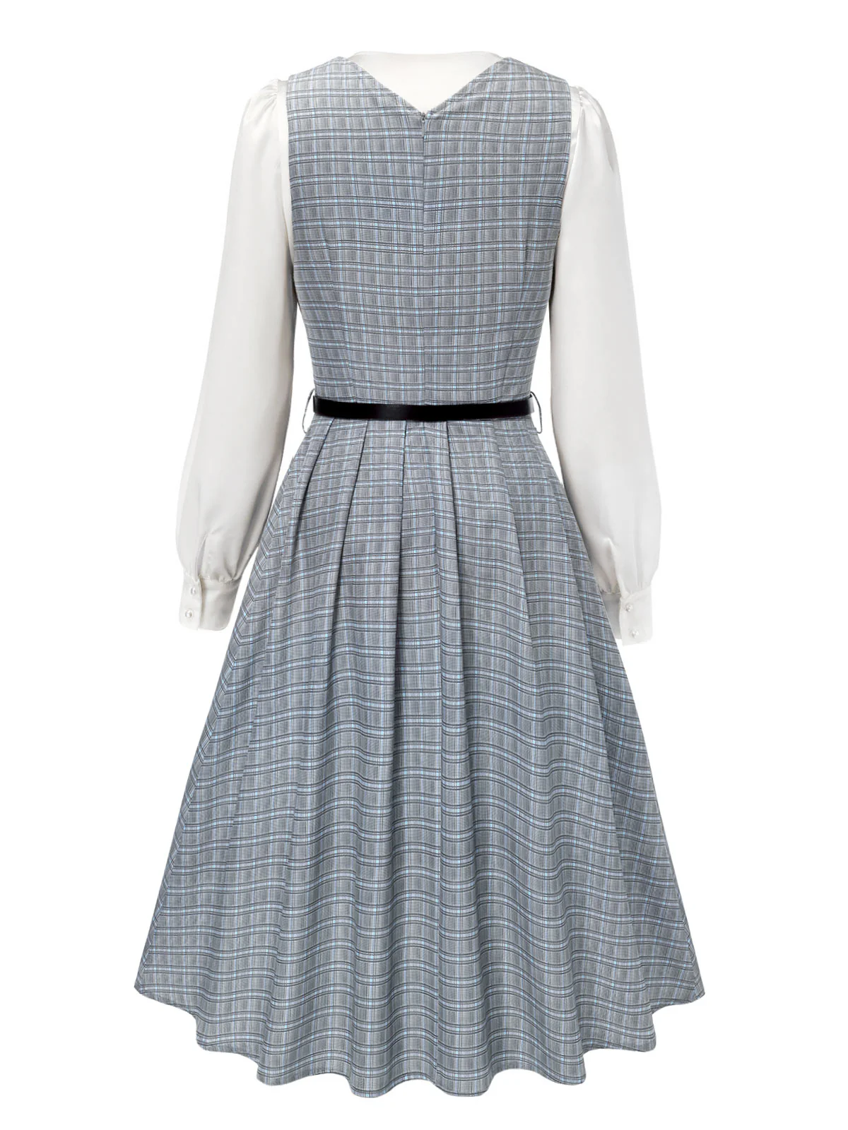 2PCS Grey 1940s V-Neck Plaid Dress & Satin Blouse - Image 18