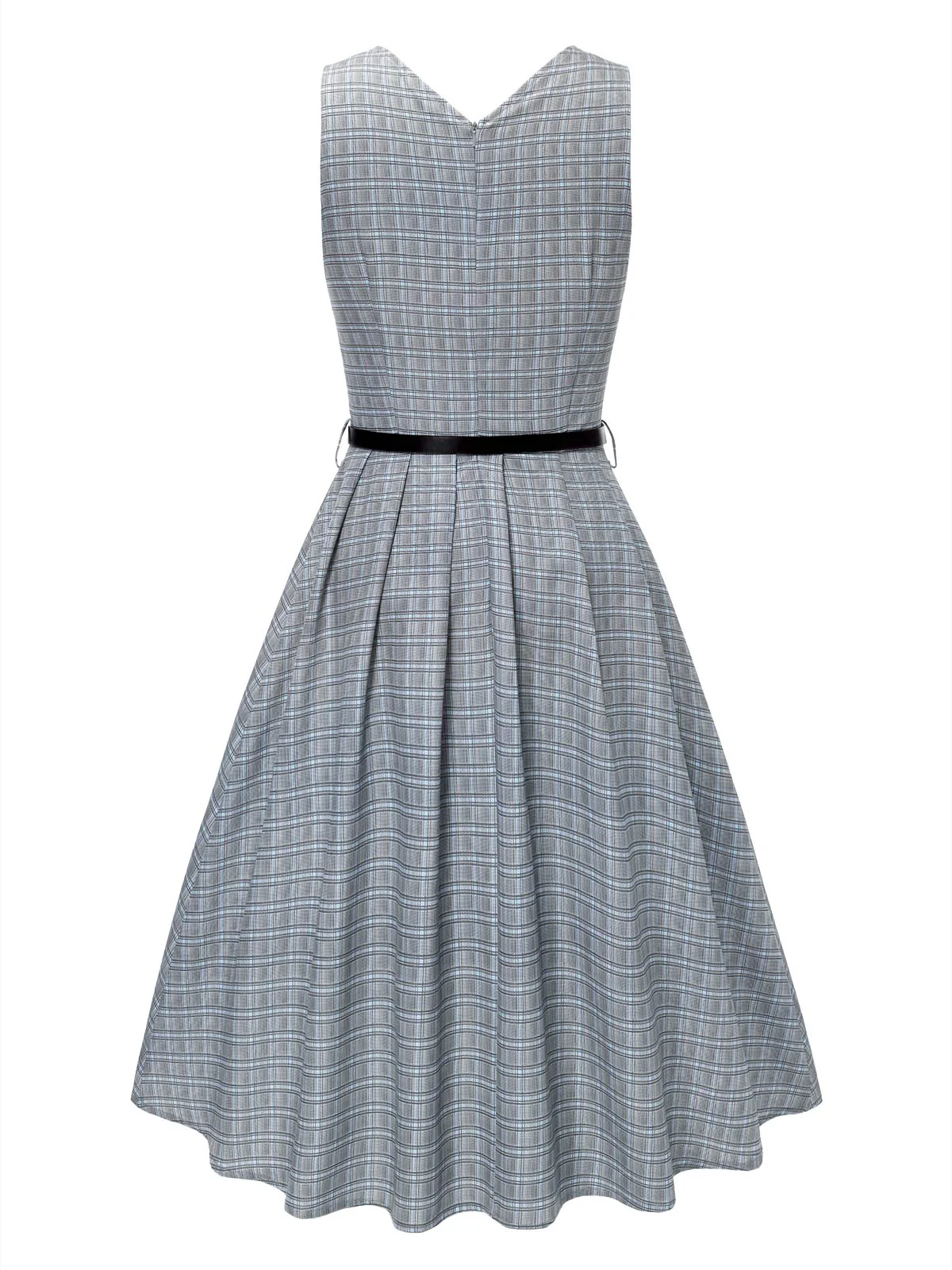 2PCS Grey 1940s V-Neck Plaid Dress & Satin Blouse - Image 20