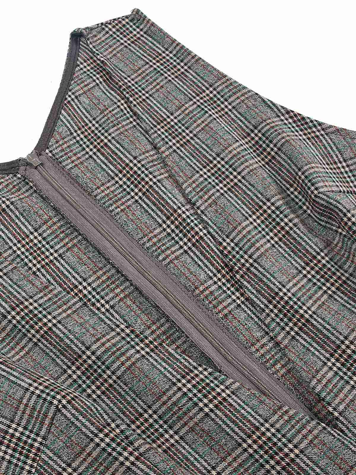 2PCS Grey 1940s V-Neck Plaid Dress & Satin Blouse - Image 9