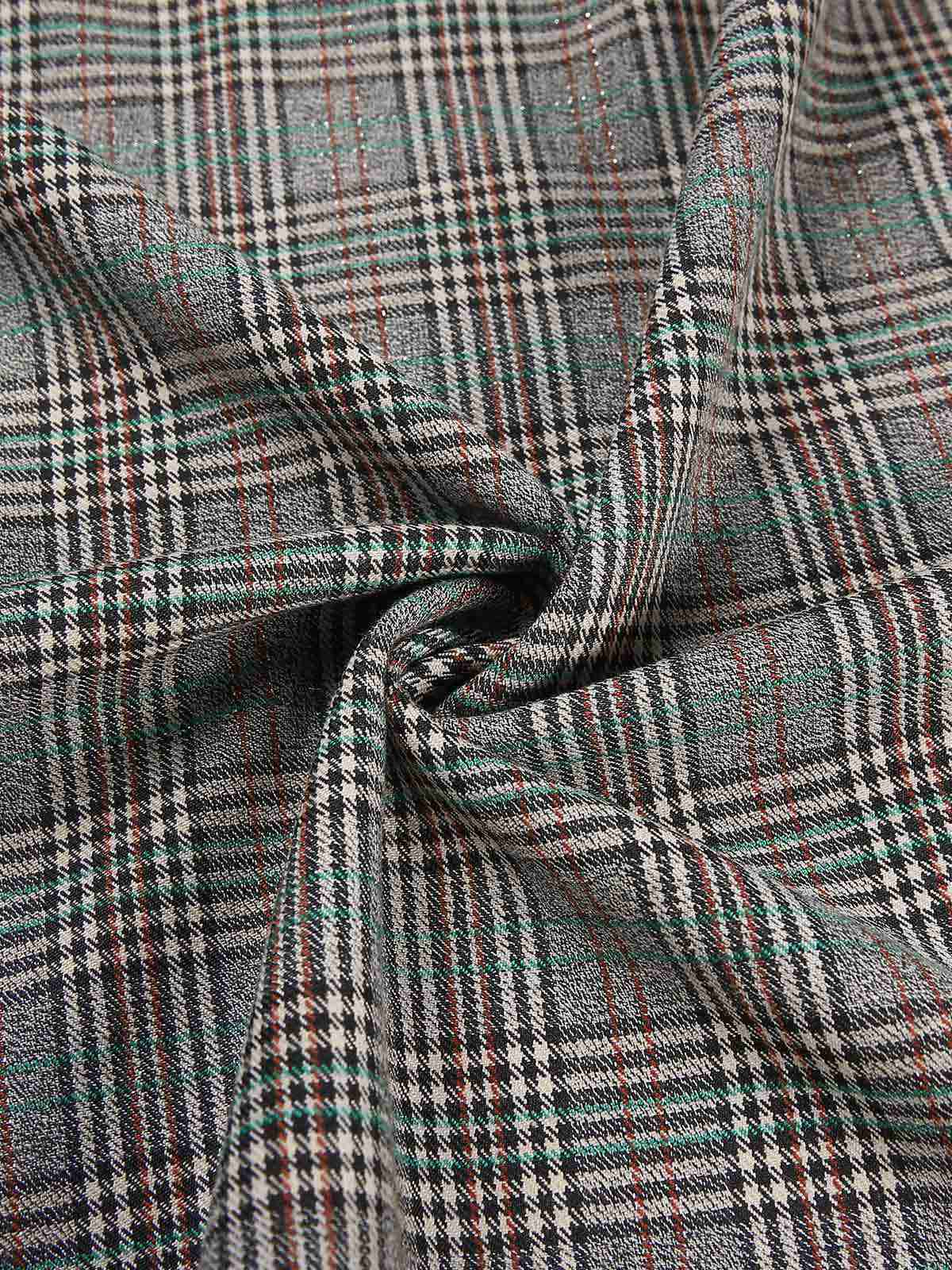 2PCS Grey 1940s V-Neck Plaid Dress & Satin Blouse - Image 11