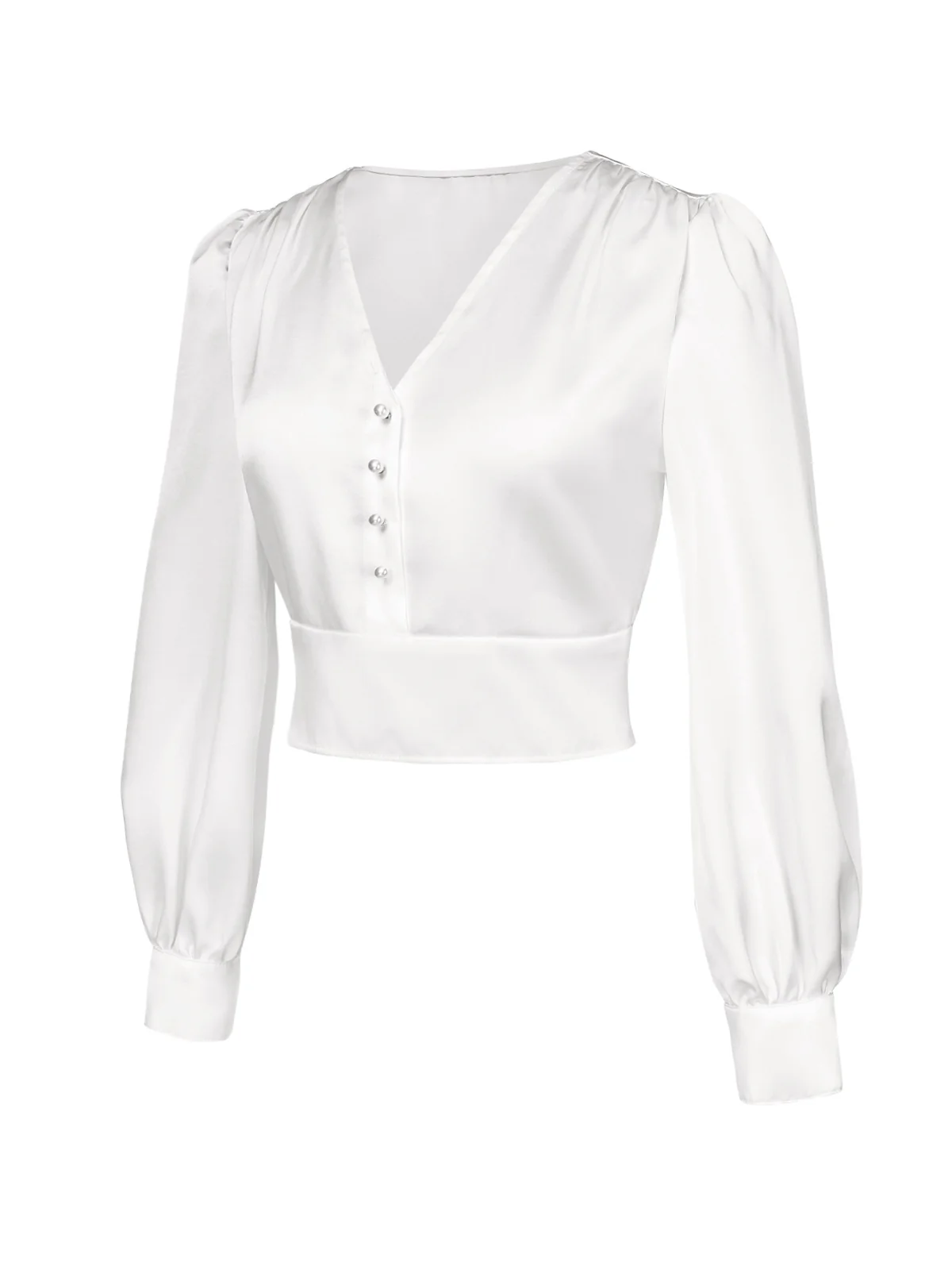 White 1940s Satin V-Neck Lantern Sleeves Blouse - Image 3