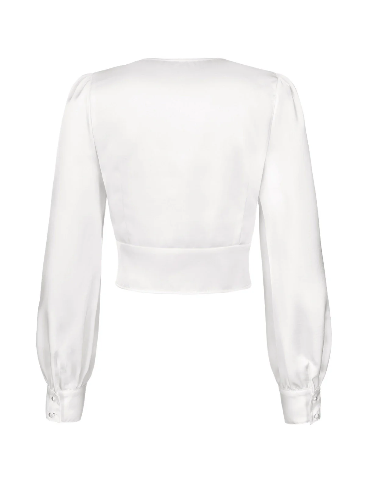 White 1940s Satin V-Neck Lantern Sleeves Blouse - Image 4