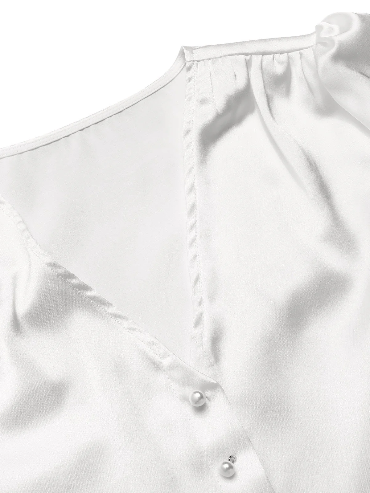 White 1940s Satin V-Neck Lantern Sleeves Blouse - Image 5