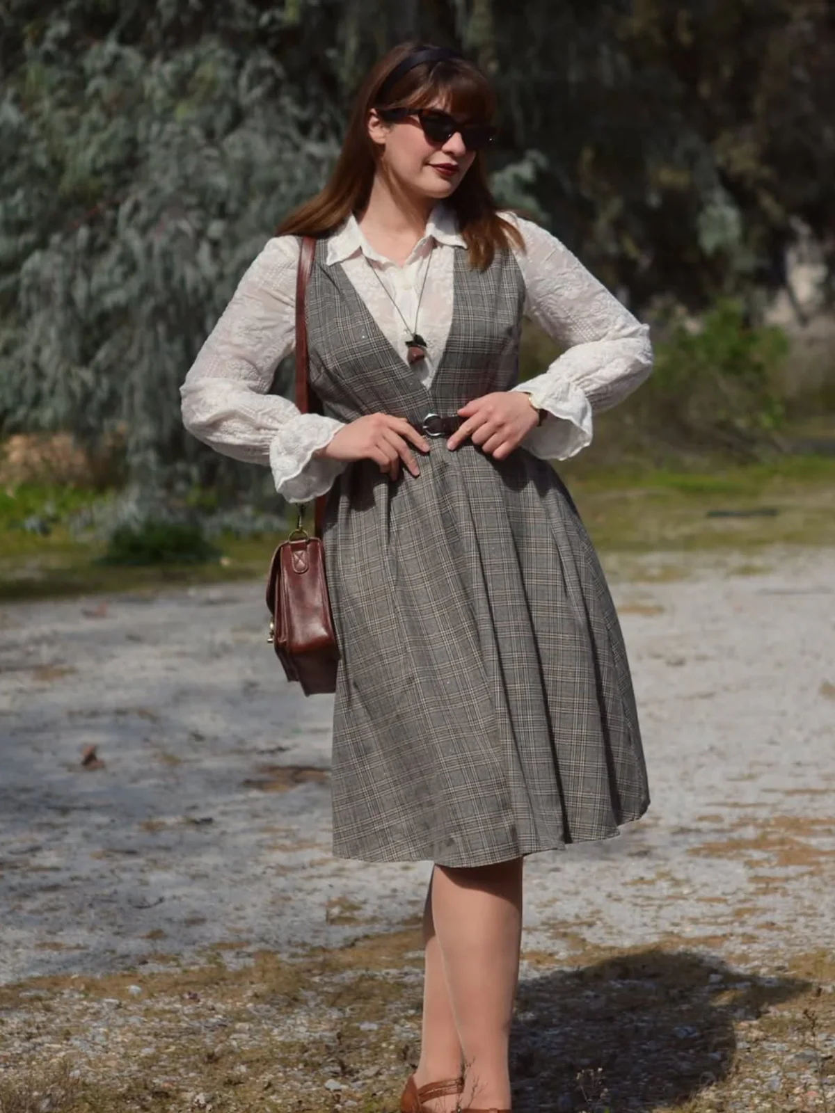 2PCS Grey 1940s V-Neck Plaid Dress & Satin Blouse - Image 2