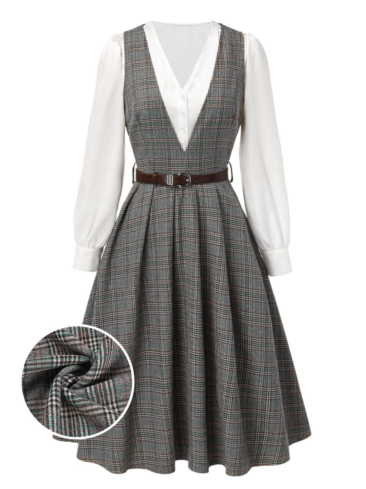 2PCS Grey 1940s V-Neck Plaid Dress & Satin Blouse - Image 2