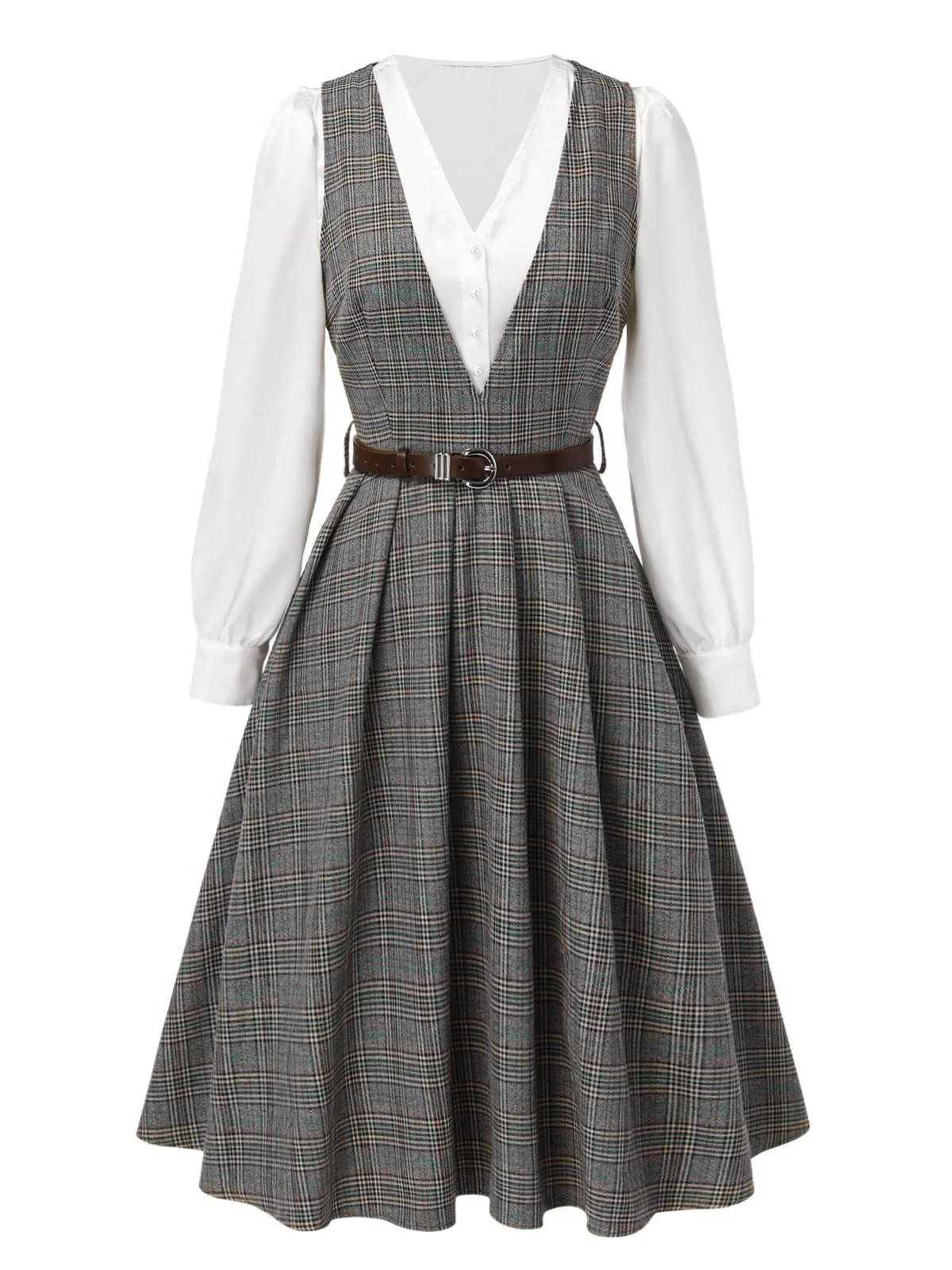 2PCS Grey 1940s V-Neck Plaid Dress & Satin Blouse - Image 3