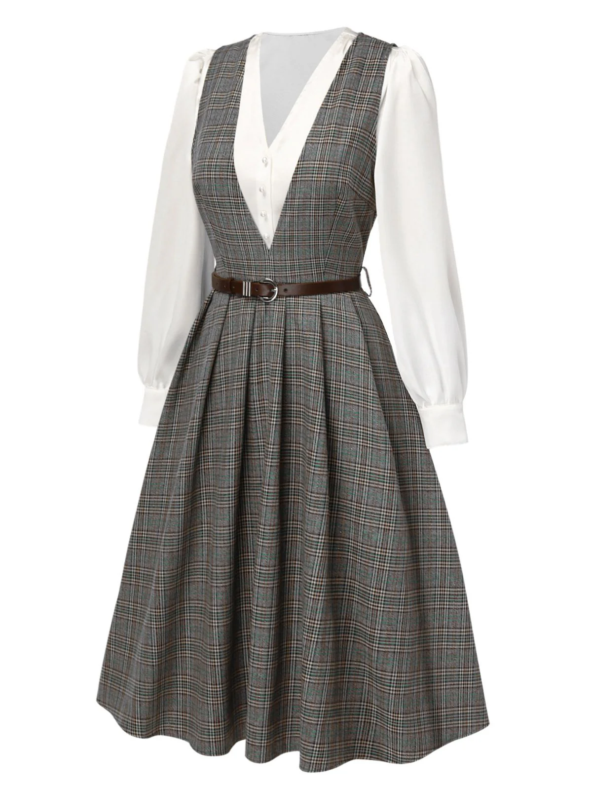 2PCS Grey 1940s V-Neck Plaid Dress & Satin Blouse - Image 4