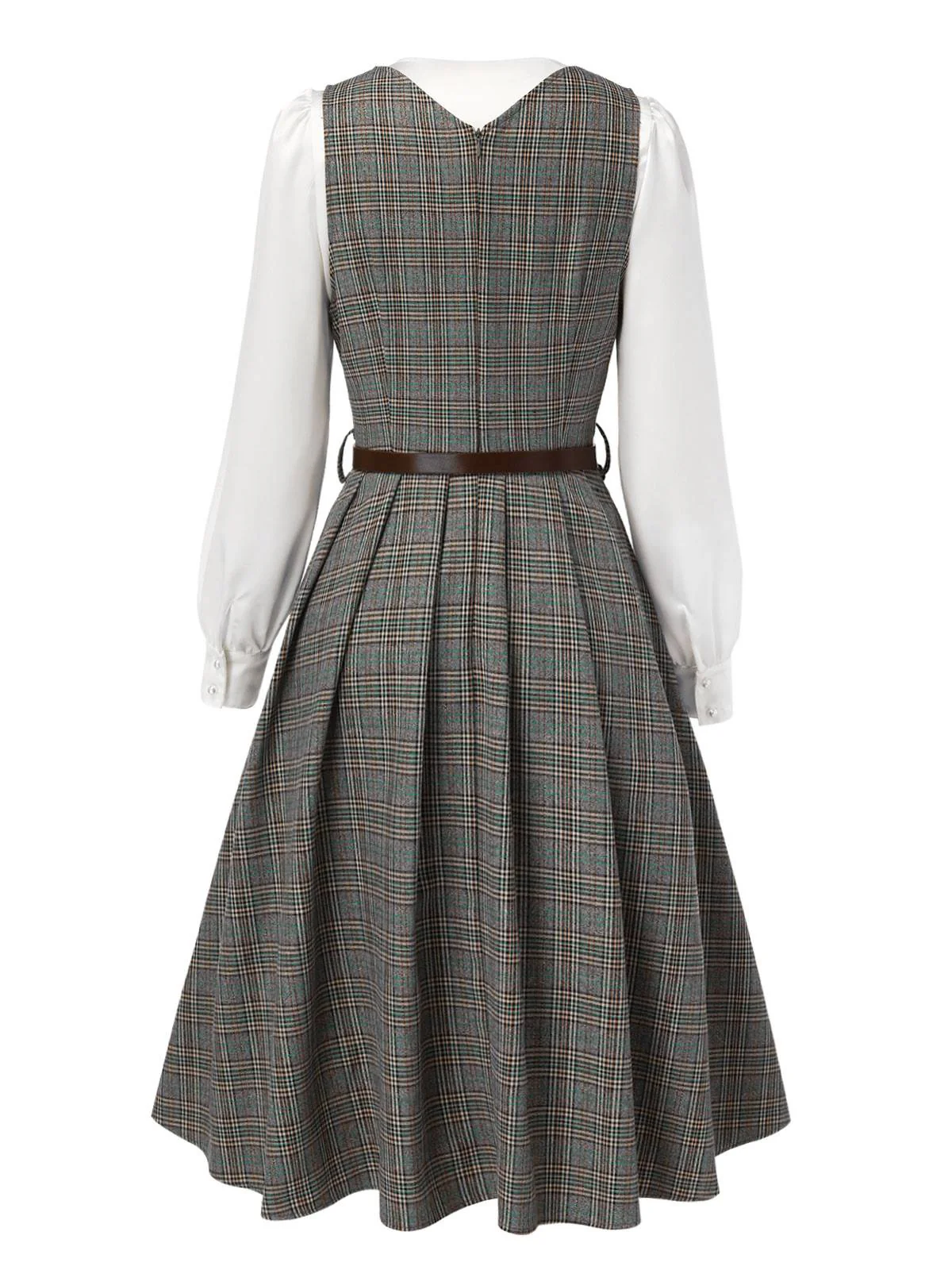 2PCS Grey 1940s V-Neck Plaid Dress & Satin Blouse - Image 5