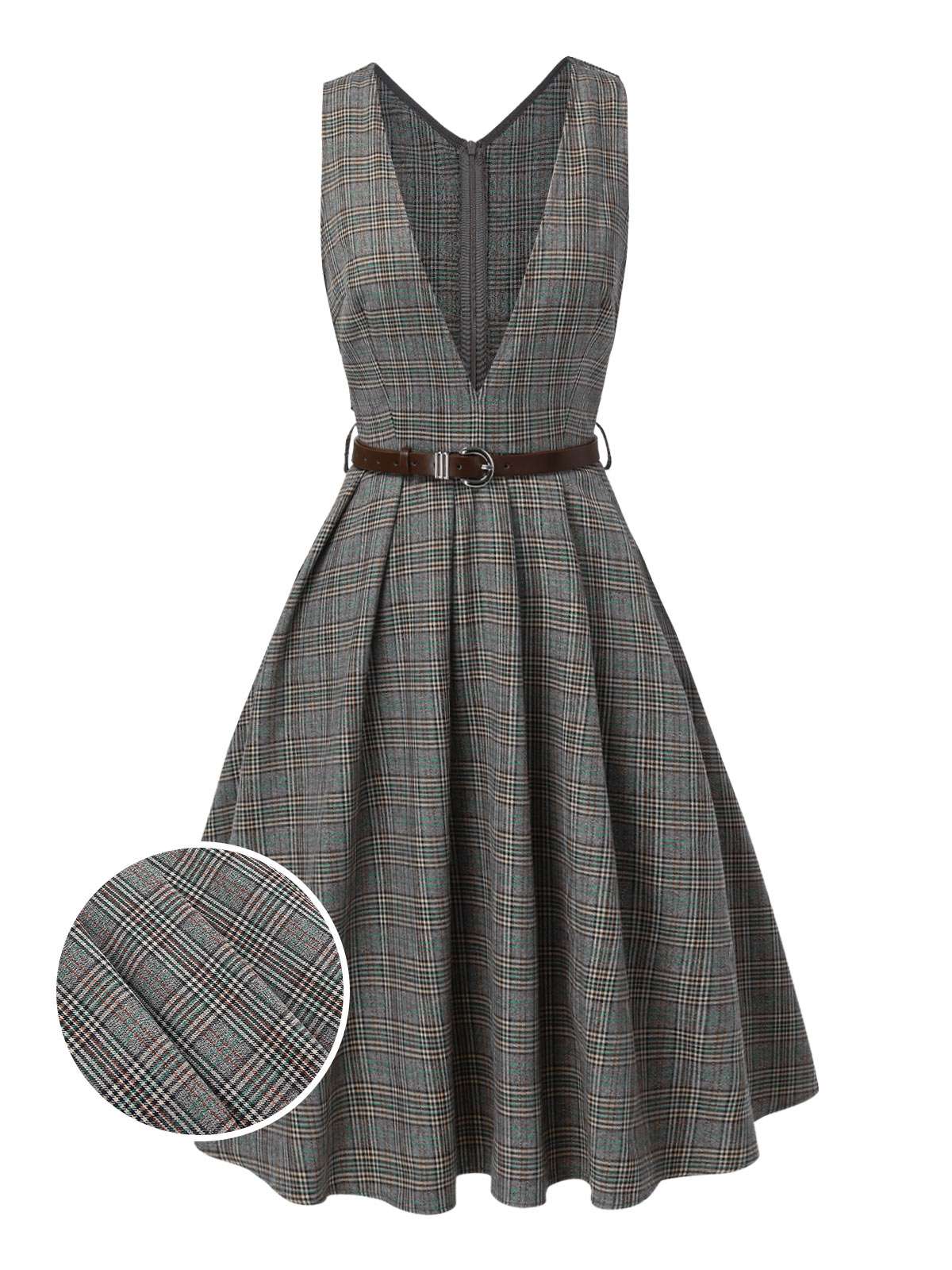 2PCS Grey 1940s V-Neck Plaid Dress & Satin Blouse - Image 6