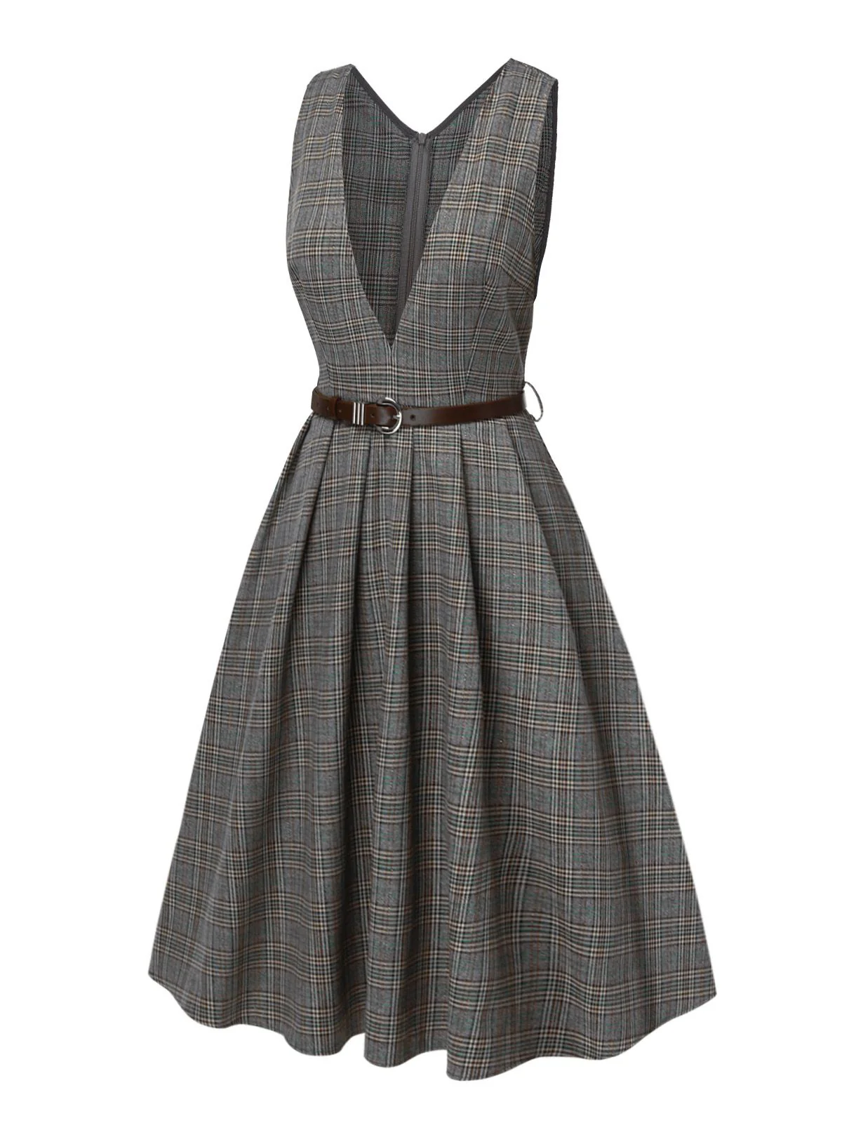 2PCS Grey 1940s V-Neck Plaid Dress & Satin Blouse - Image 7