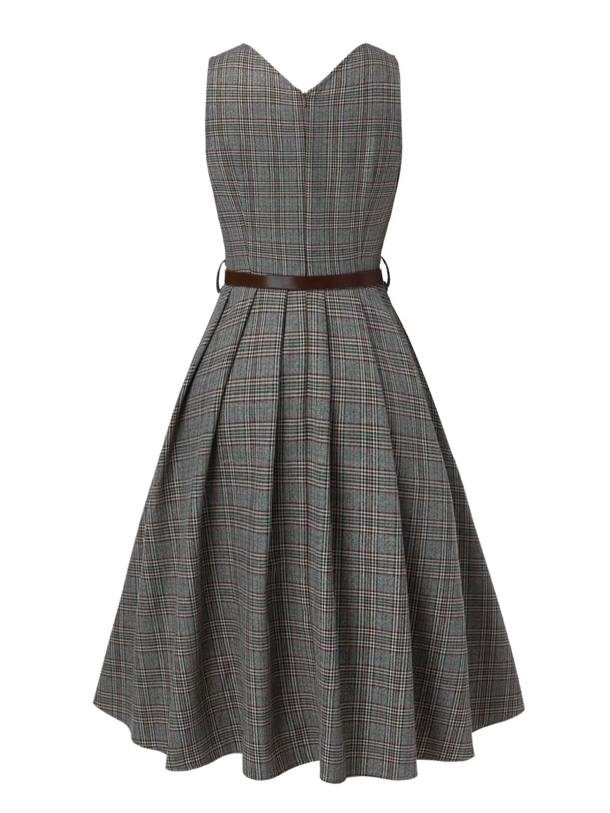 2PCS Grey 1940s V-Neck Plaid Dress & Satin Blouse - Image 8