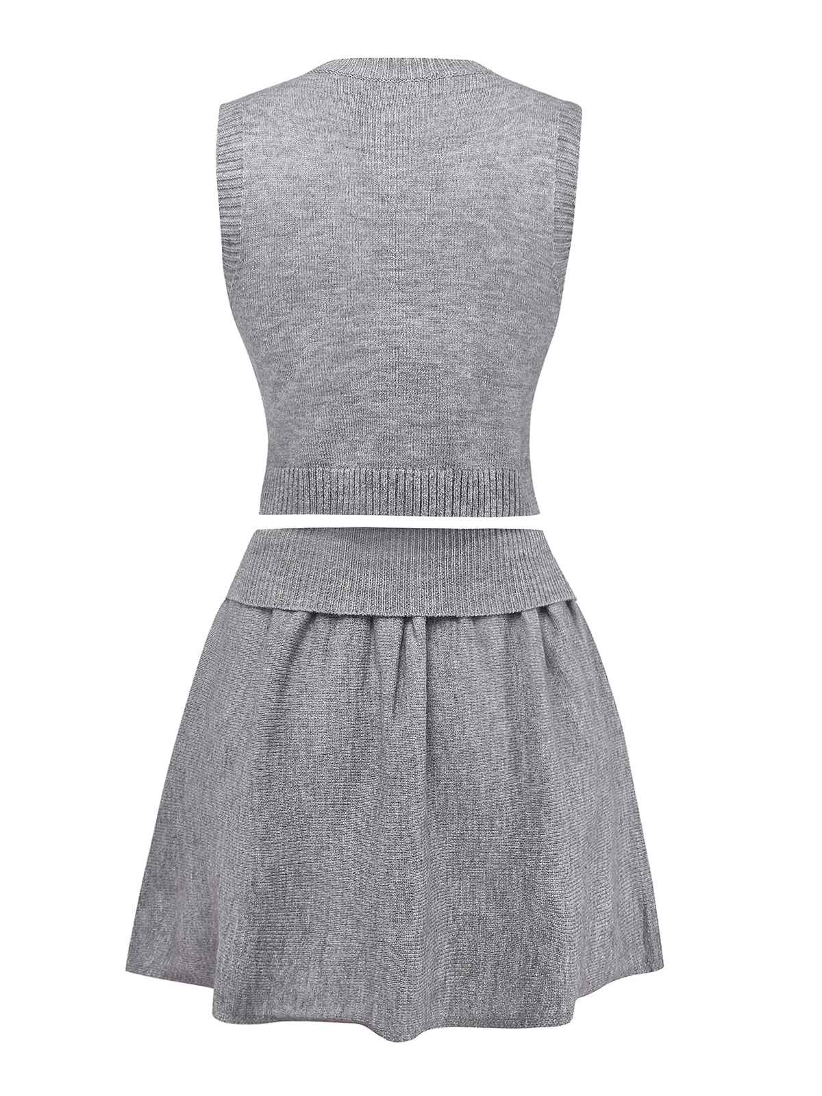 2PCS Grey 1960s Knitted V-Neck Top & Skirt - Image 2