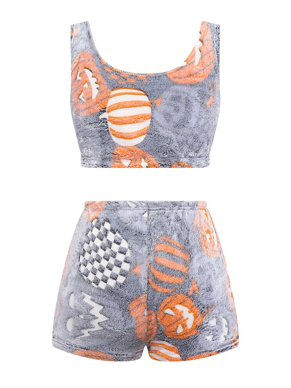 2PCS Grey 1970s Glowing Halloween Pumpkin Flannel Pajama Set - Image 2