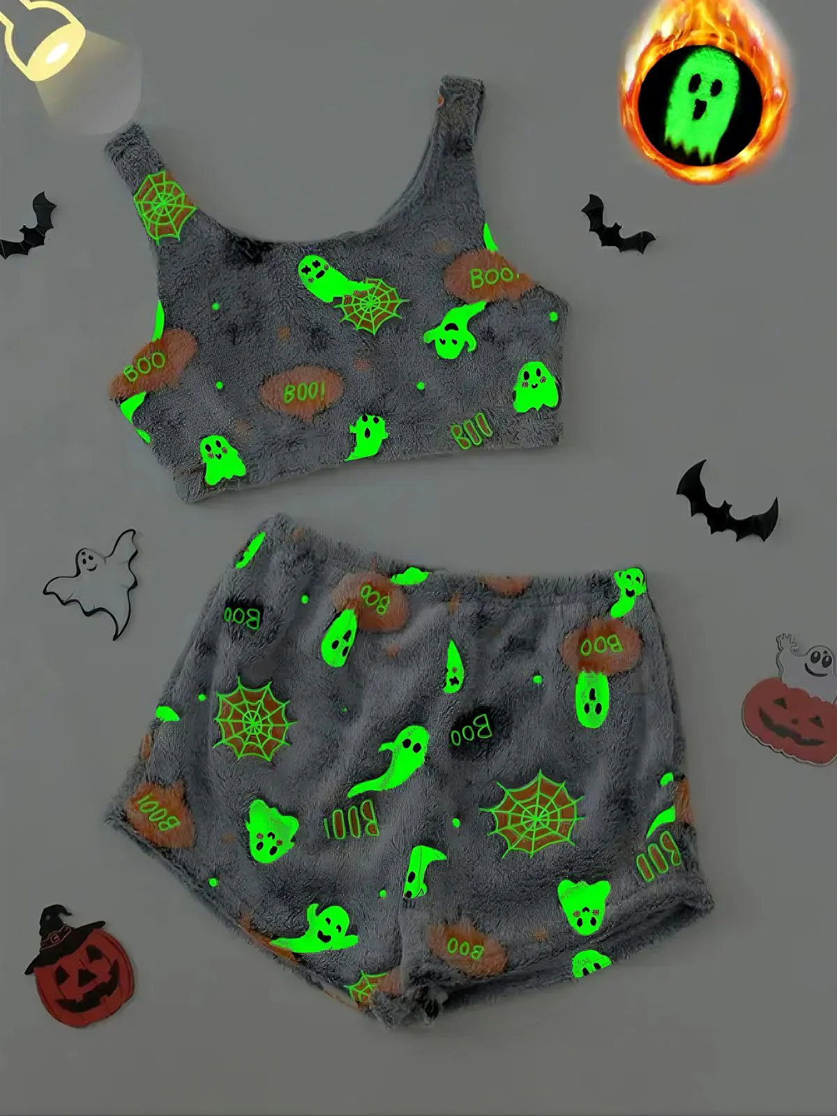2PCS Grey 1970s Halloween Glowing Print Flannel Pajama Set - Image 2
