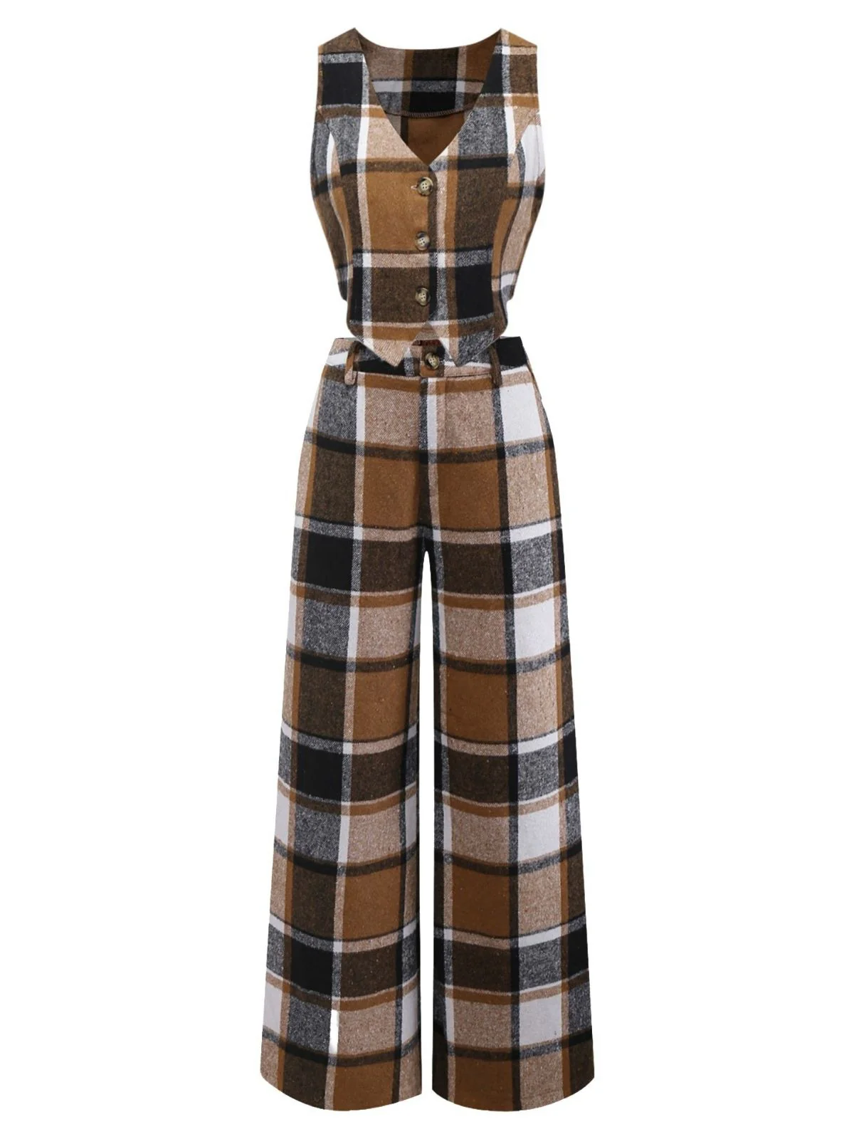 2PCS Khaki 1950s Faux Wool Plaid Sleeveless Vest & Pants - Image 2