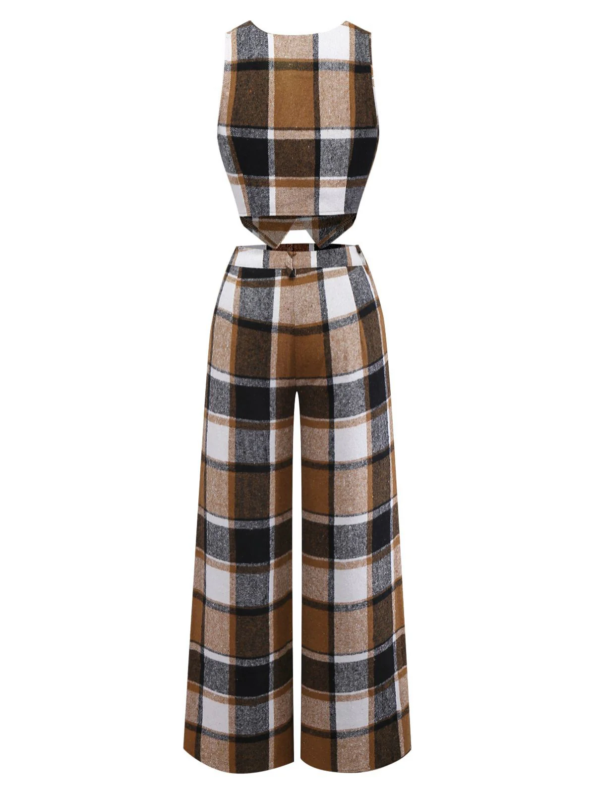 2PCS Khaki 1950s Faux Wool Plaid Sleeveless Vest & Pants - Image 3