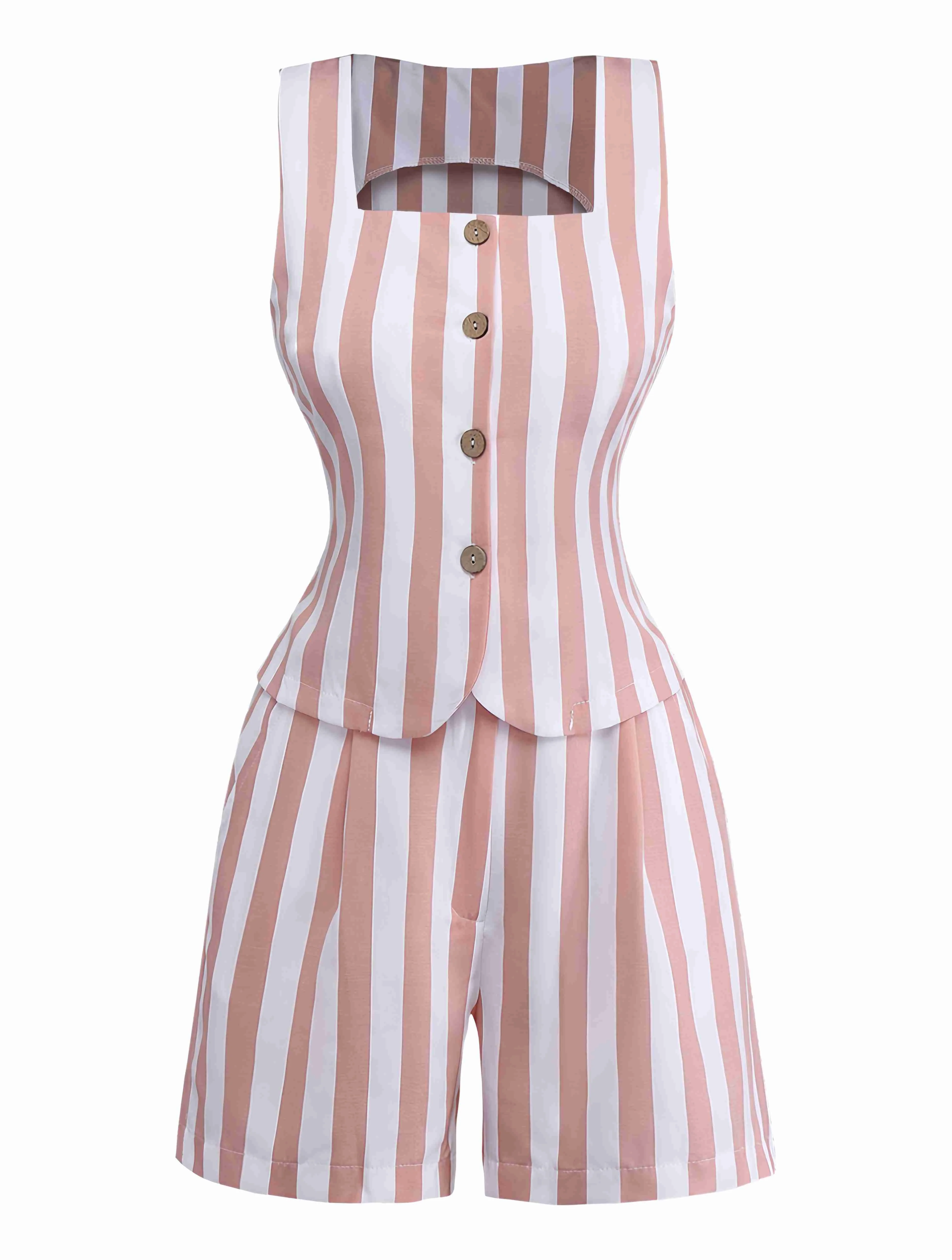 2pcs Khaki 1960s Striped Square Neck Sleeveless Vest & Shorts - Image 2